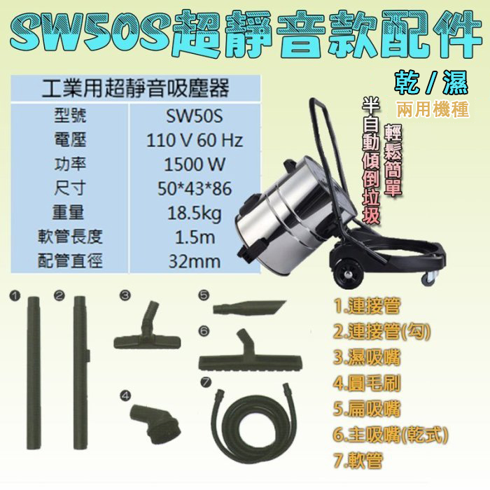 附發票｜SW50S乾溼2用吸塵器｜110V/1500W 50公升 超靜音款不銹鋼桶hepa濾網大全配