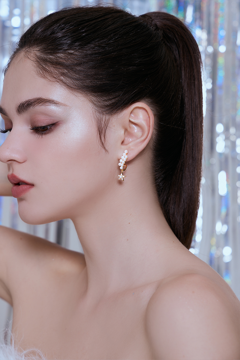 夢幻星海珍珠。針式耳環(金)