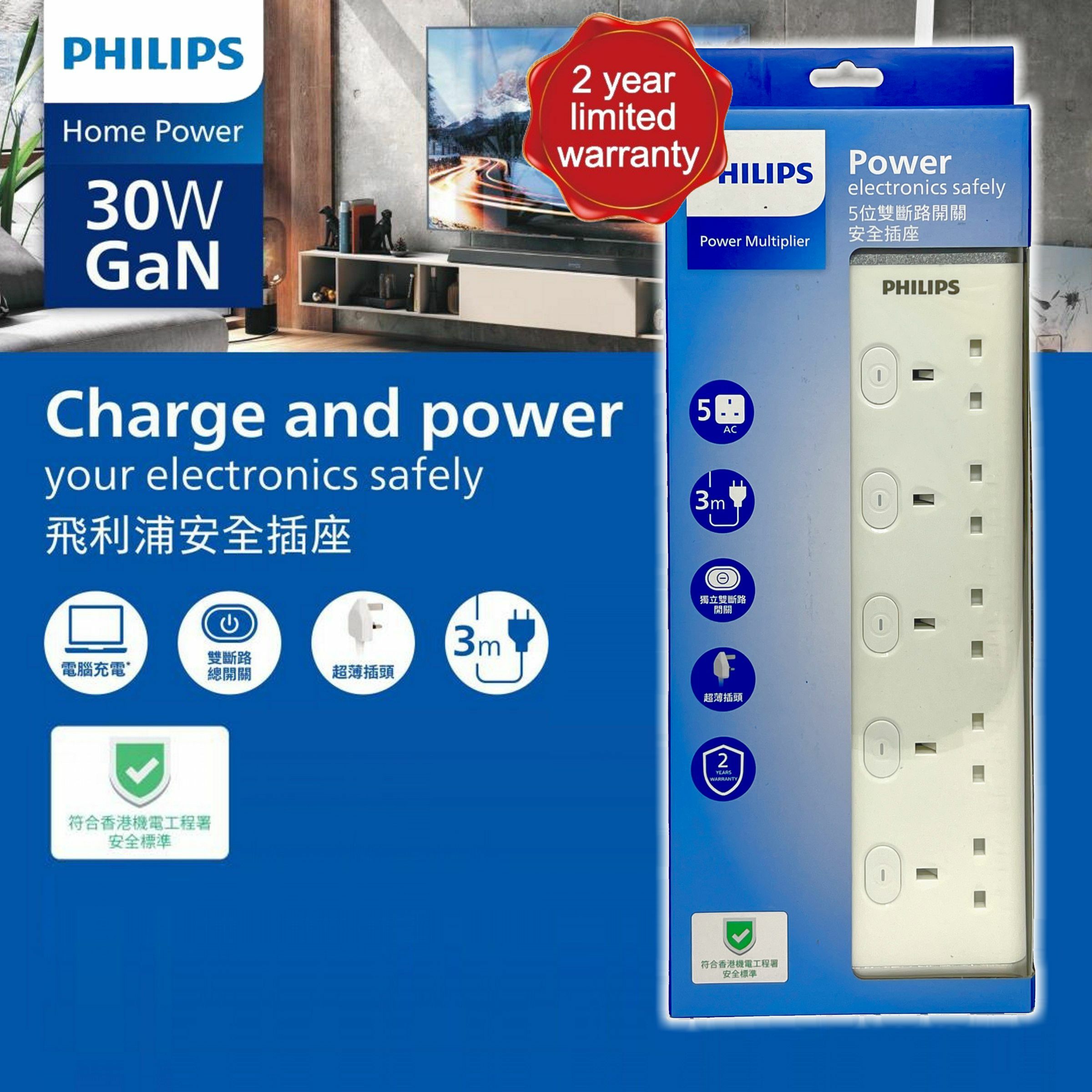 飛利浦5位獨立雙斷路開關安全插座,3米拖板 #CHP3456WB《香港行貨》《2年保養》