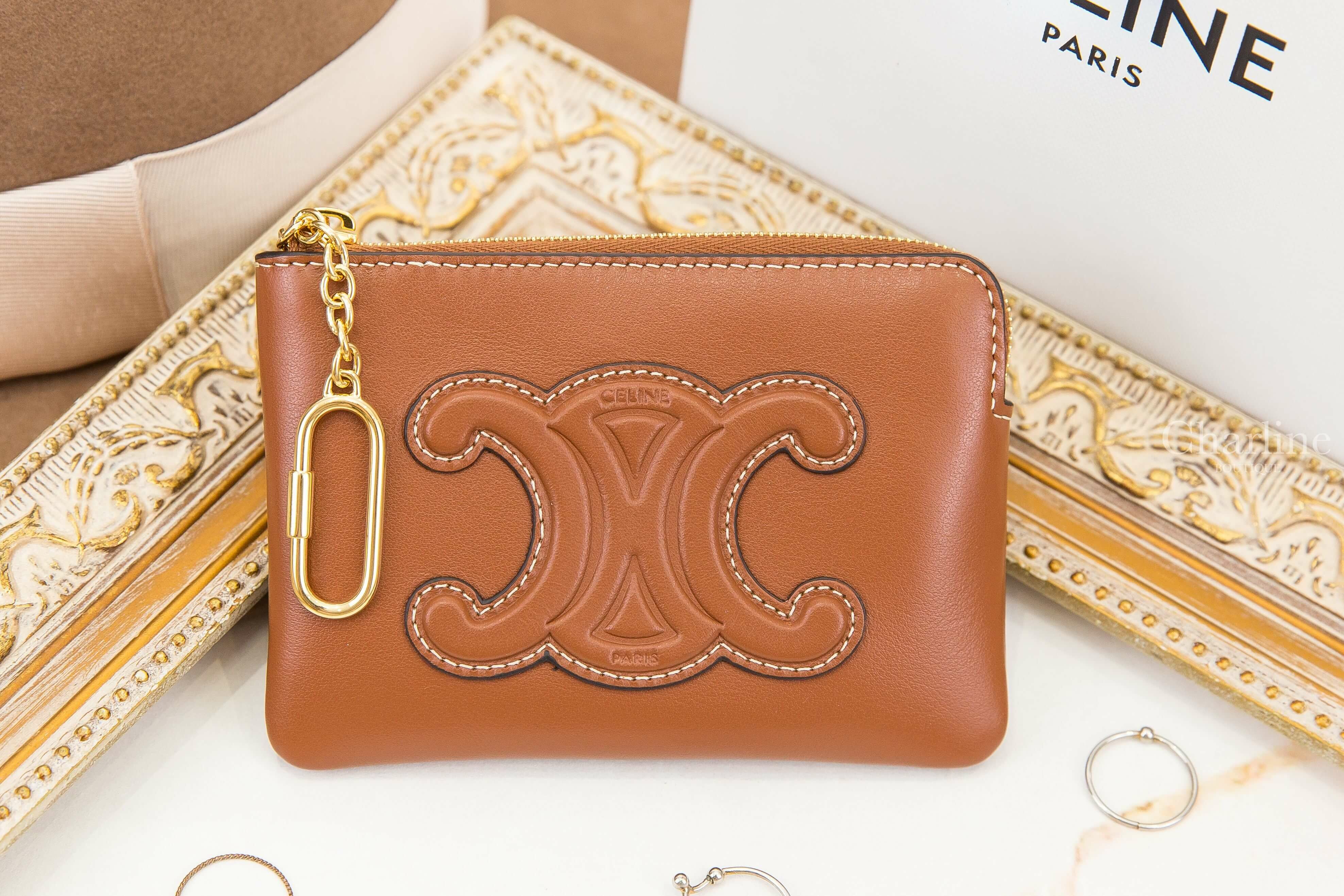 Celine Coin And Card Pouch Cuir Triomphe In Smooth Calfskin 棕褐色凱旋門小牛皮金釦鑰匙拉鍊零錢包