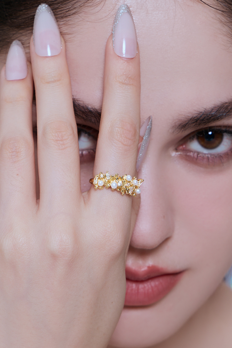 不規則鋯石珍珠可調式戒指(金)