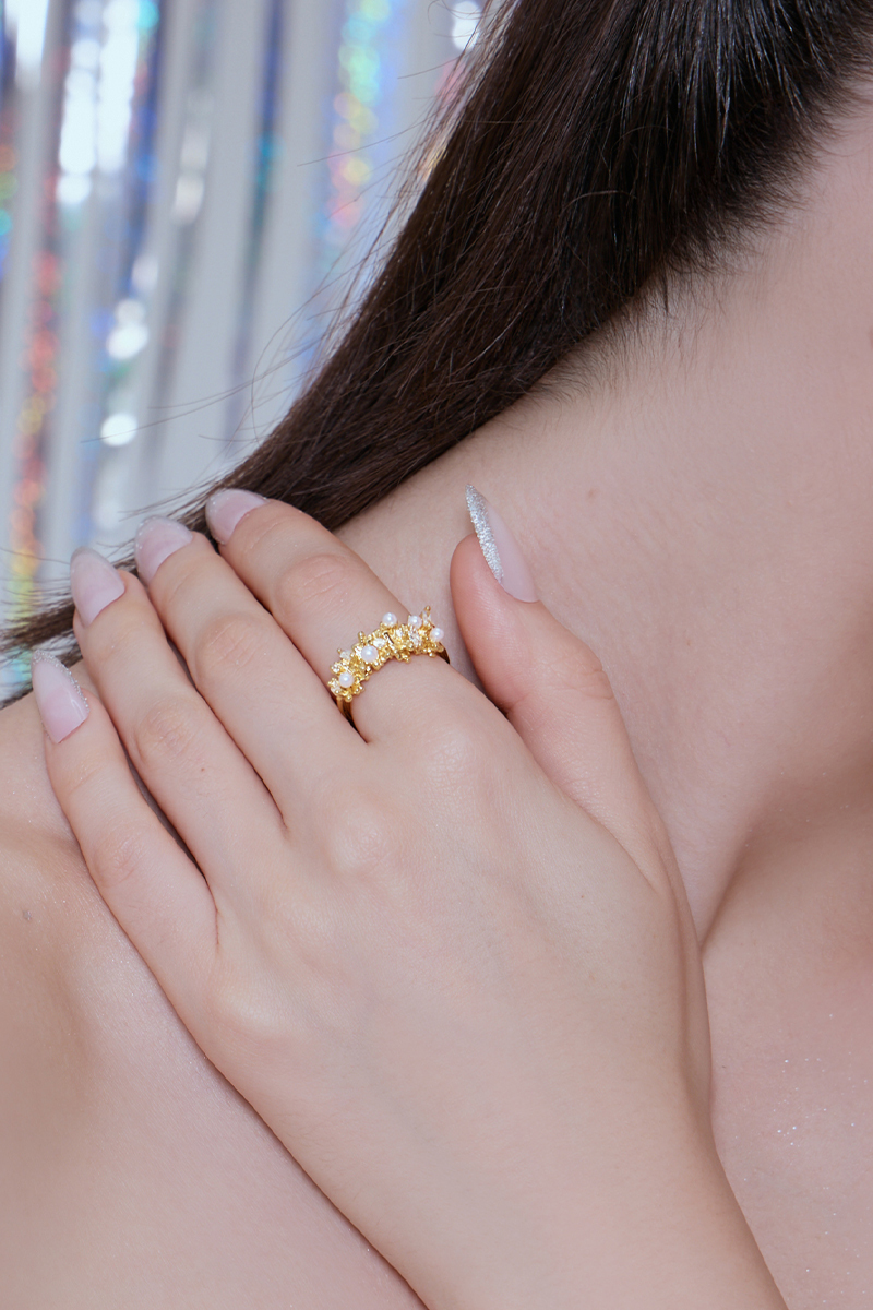 不規則鋯石珍珠可調式戒指(金)