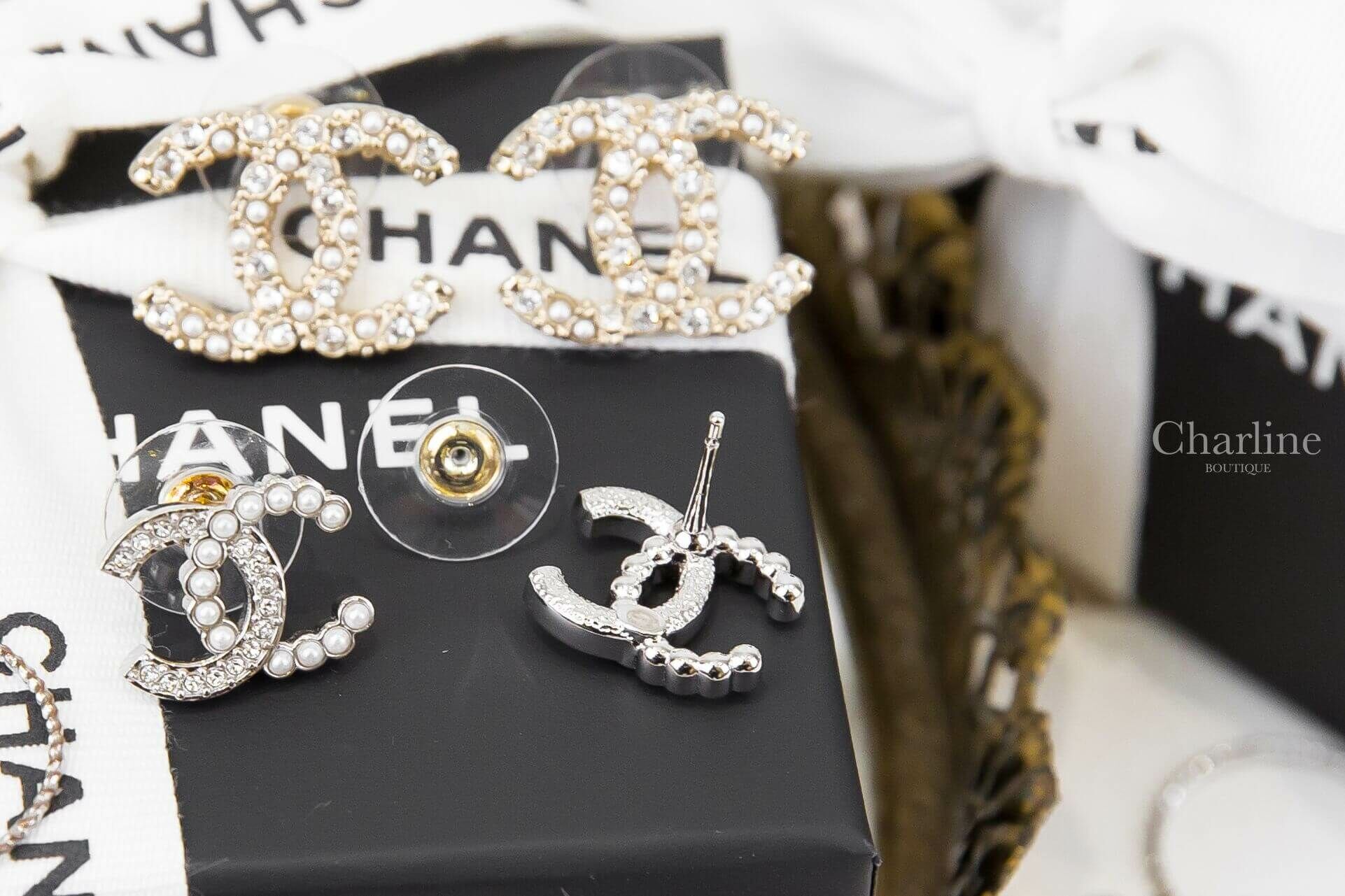 Chanel Earrings 銀色水鑽珍珠CC耳環-Charline Boutique 精品代購