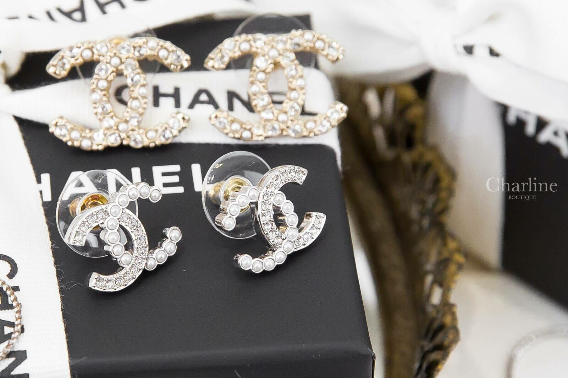 Chanel Earrings 銀色水鑽珍珠CC耳環-Charline Boutique 精品代購