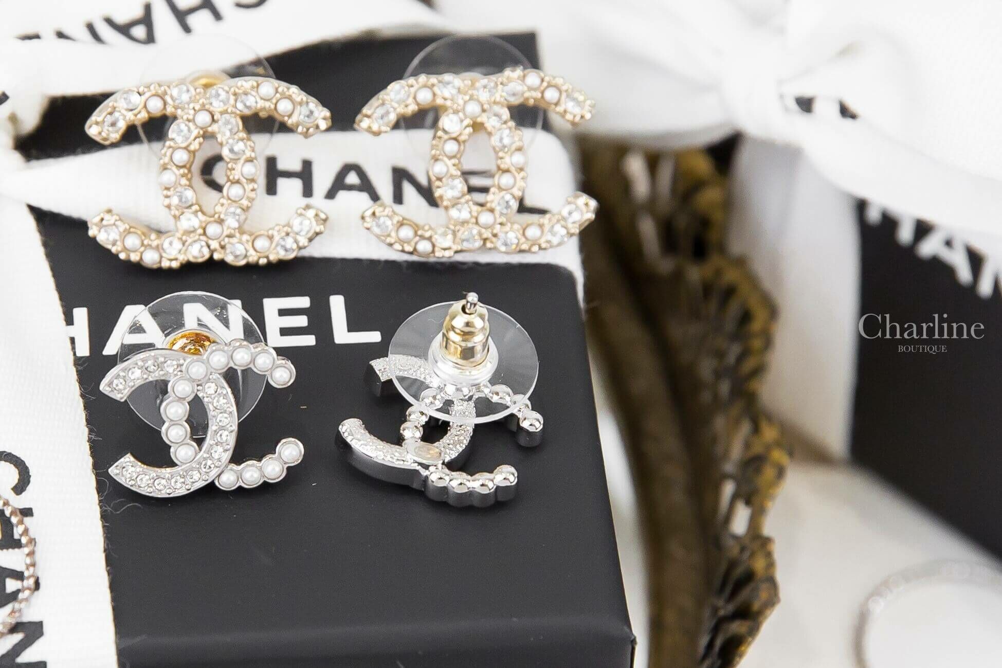 Chanel Earrings 銀色水鑽珍珠CC耳環-Charline Boutique 精品代購
