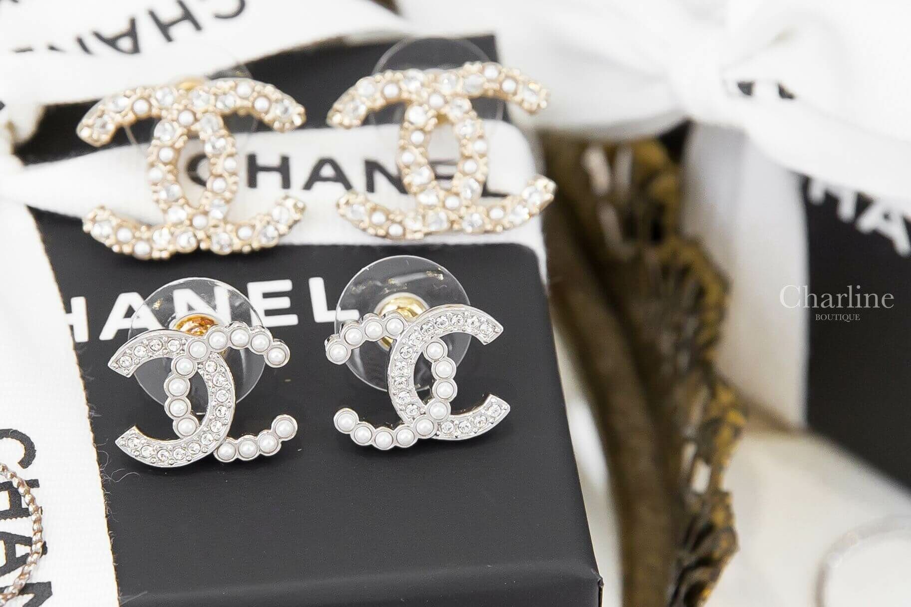 Chanel Earrings 銀色水鑽珍珠CC耳環-Charline Boutique 精品代購