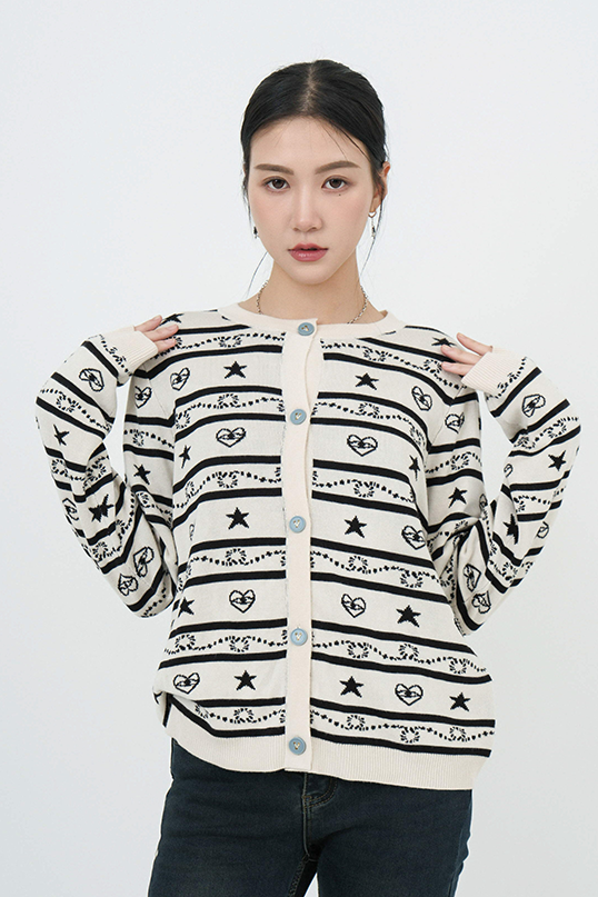 星星心心橫間圓領cardigan (現貨款式）