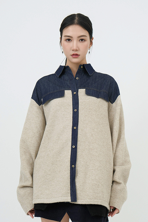 牛仔拼薄冷鬆身恤衫 (現貨款式）