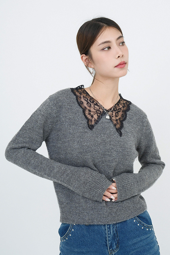 蝴蝶形蕾絲領薄冷衫 (現貨款式）