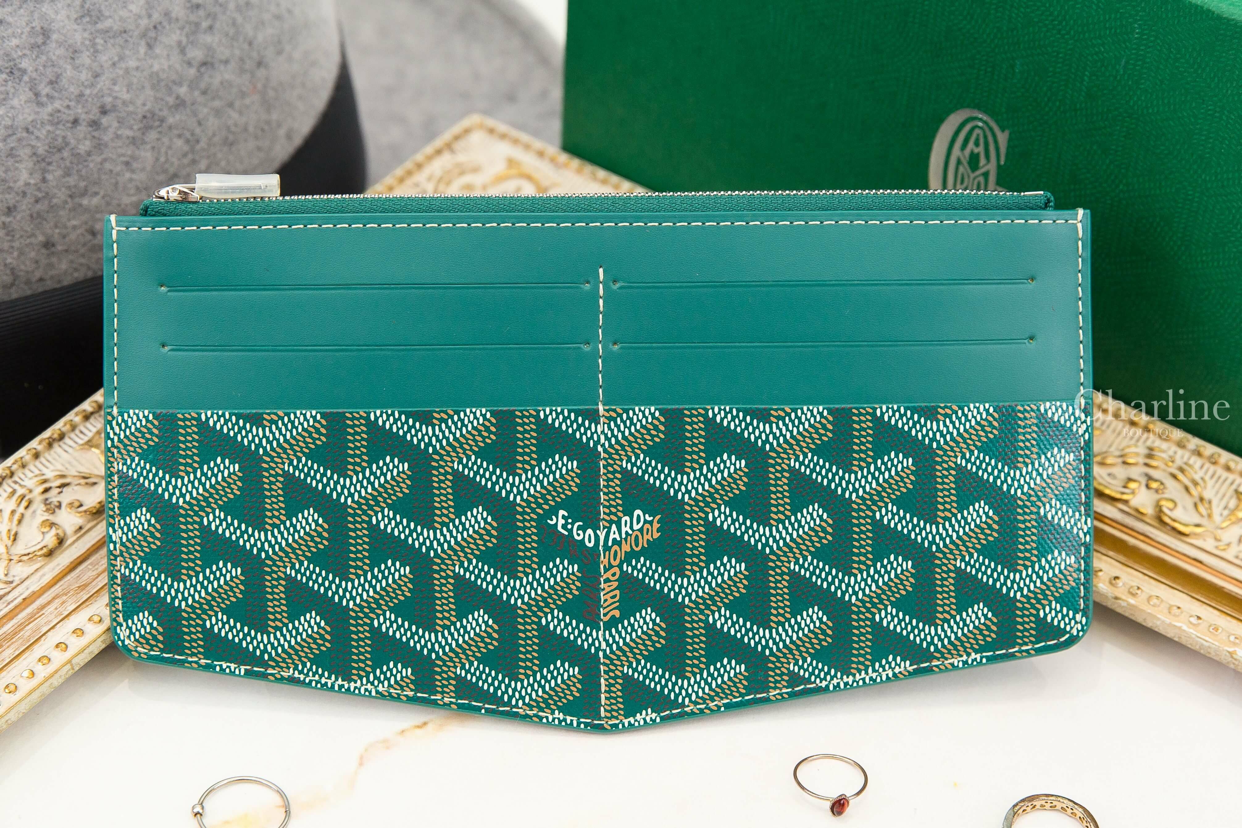Goyard Insert Louise 綠色帆布小牛皮拼黃色內裡薄型八卡拉鍊長夾