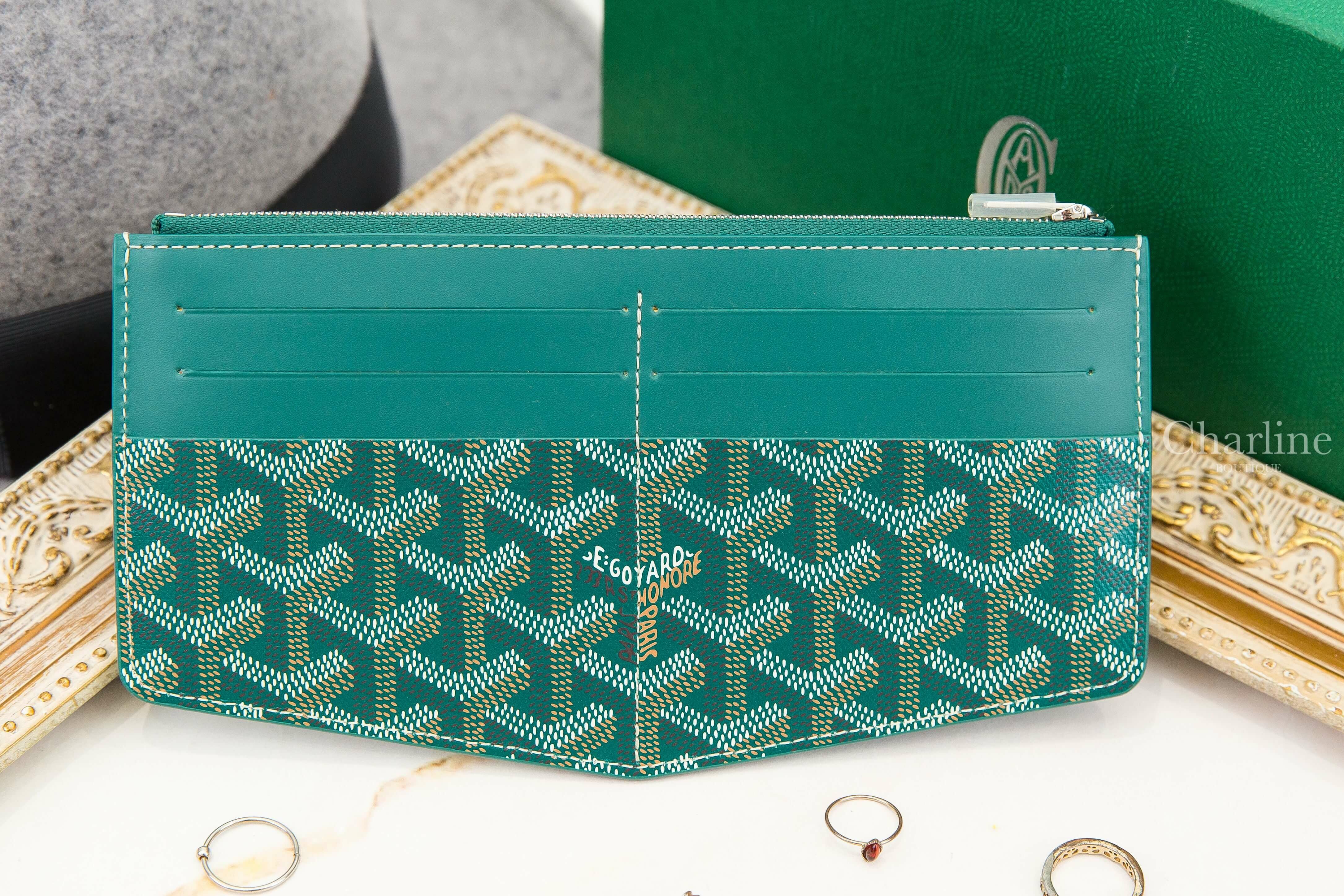 Goyard Insert Louise 綠色帆布小牛皮拼黃色內裡拉鍊卡夾-Charline Boutique 精品代購