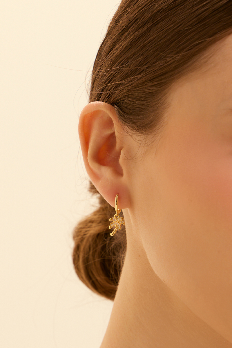 椰樹鑲鑽。針式耳環(金)