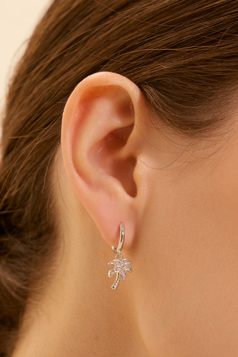 椰樹鑲鑽。針式耳環(銀)