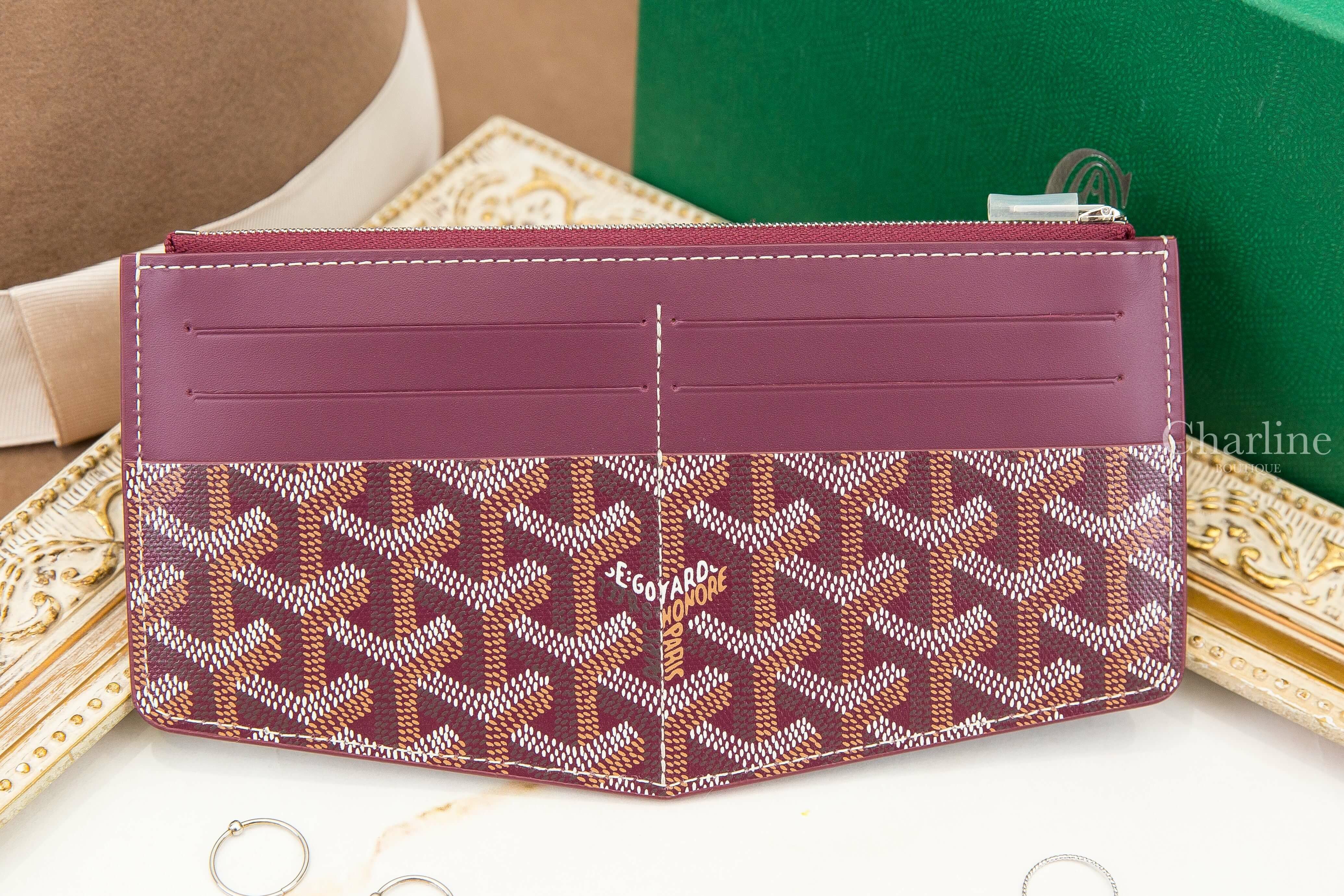 Goyard Insert Louise 勃根地酒紅色帆布小牛皮拼黃色內裡拉鍊卡夾-Charline Boutique 精品代購