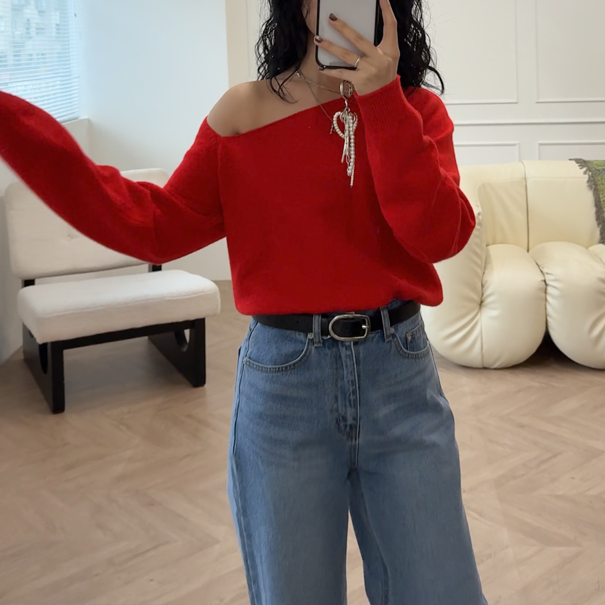 D26設計斜肩羊毛針織衣(紅/架上陳列)