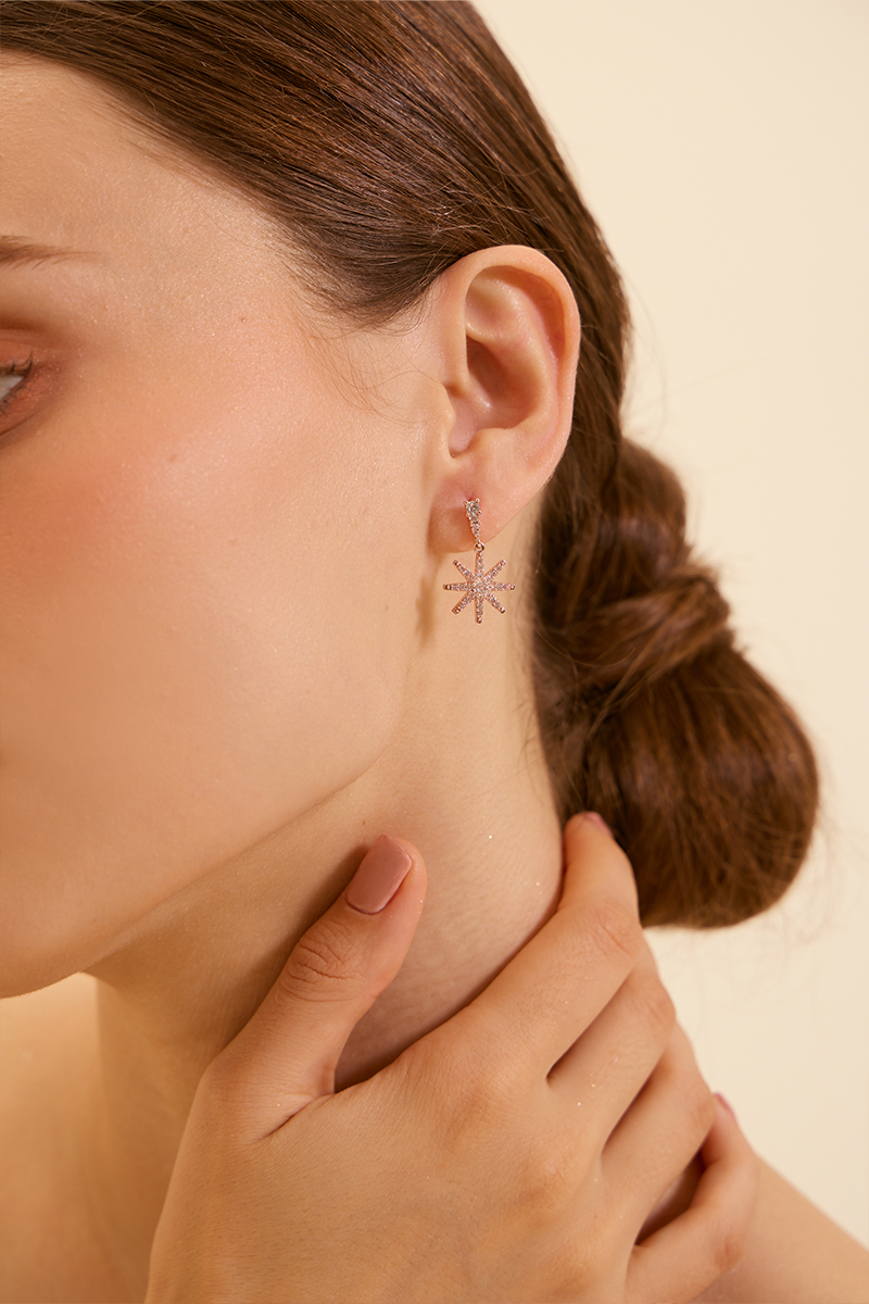 八芒鑽星 。銀針耳環(玫瑰金)