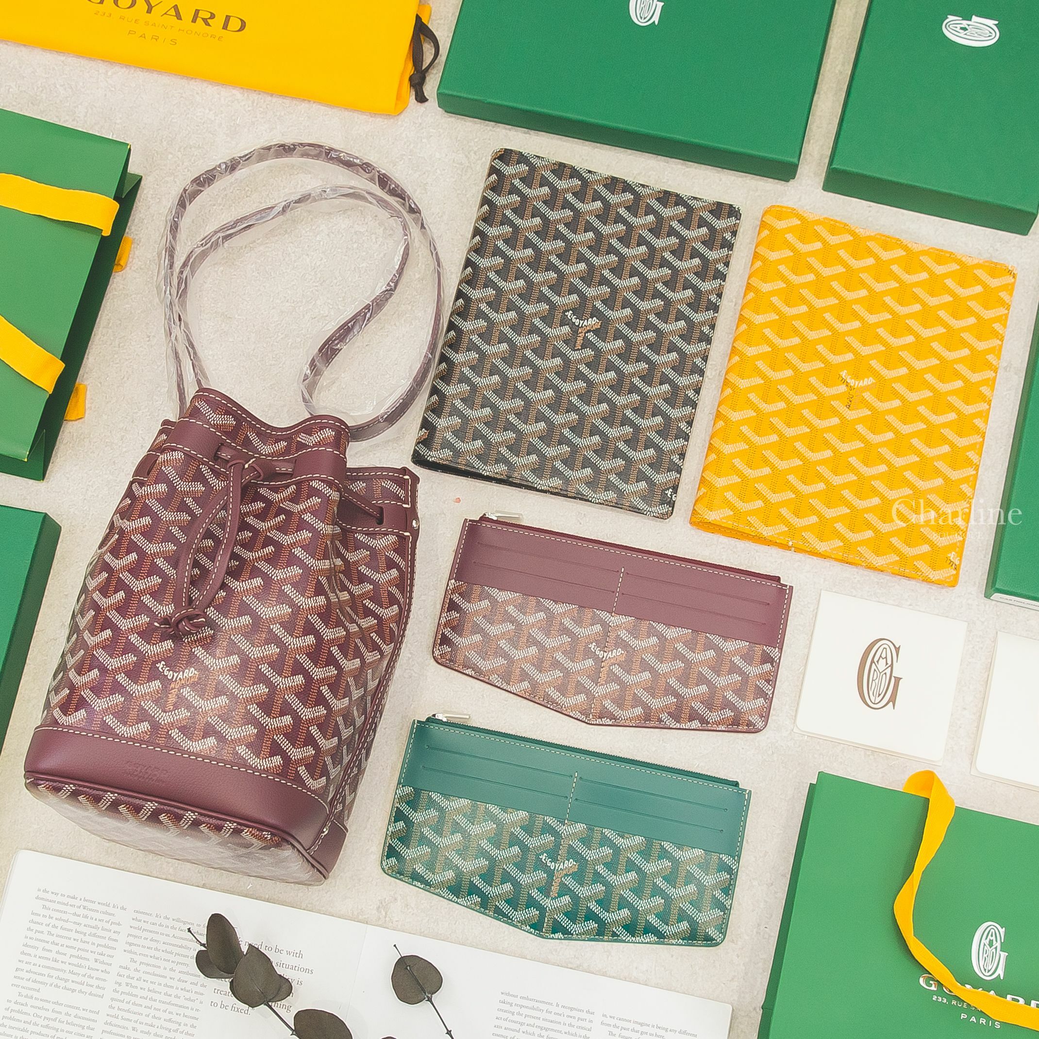 Goyard Insert Louise 綠色卡夾,Insert Louise 勃根地酒紅卡夾,Petit Flot Bucket勃根地酒紅水桶包,黃色A5筆記本夾,黑色A5筆記本夾-Charline Boutique 精品代購