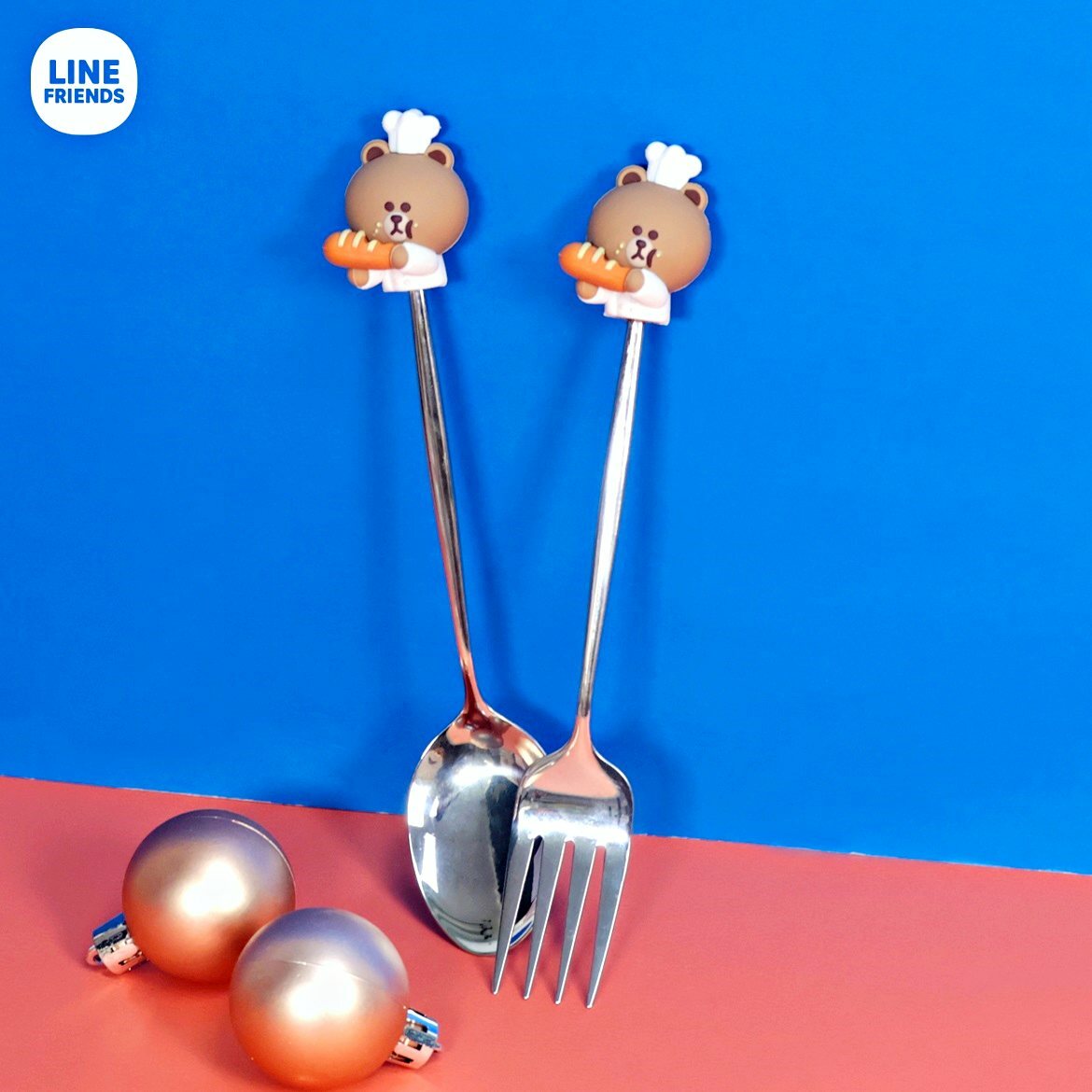 LINE FRIENDS| 3D公仔 頭不銹鋼餐具套裝(匙 叉)