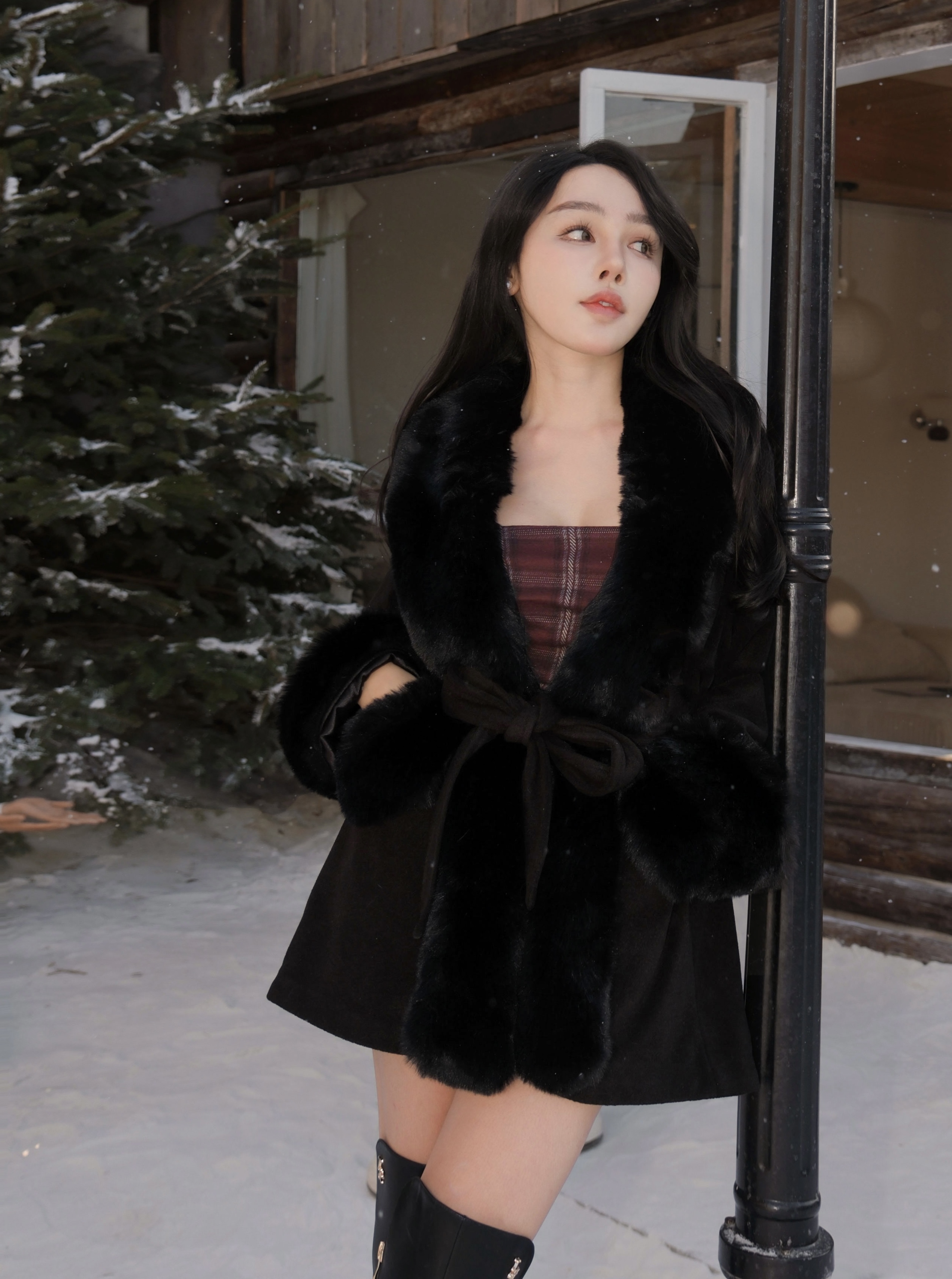 訂製-名媛毛毛領綁帶外套