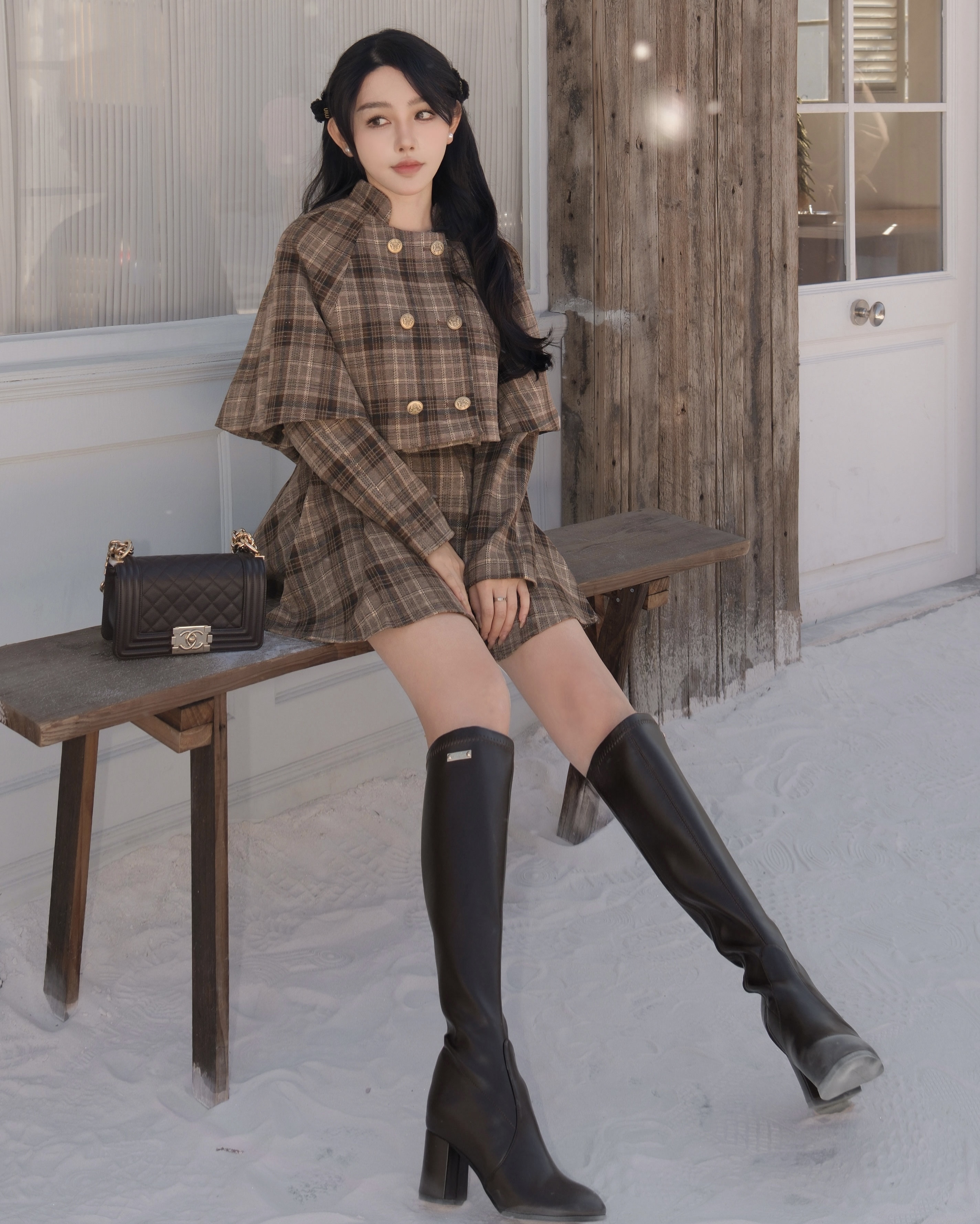 訂製-立領格紋斗篷傘襬套裝