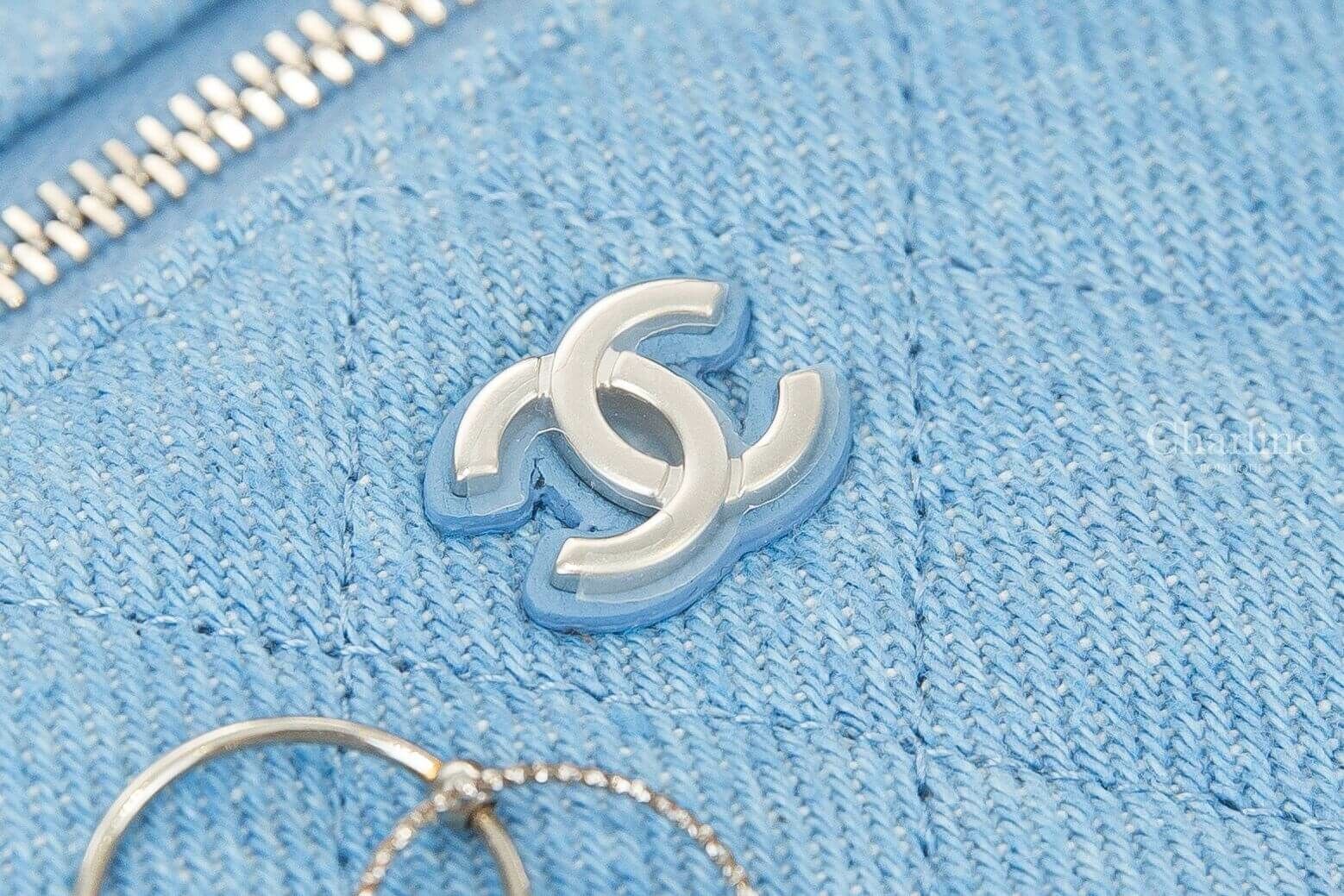 Chanel Long Vanity With Chain 藍色銀CC銀鍊丹寧布菱格紋小牛皮提把肩背包