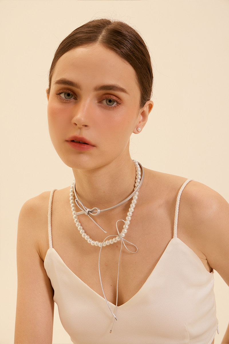 皮革珍珠蝴蝶結項鍊