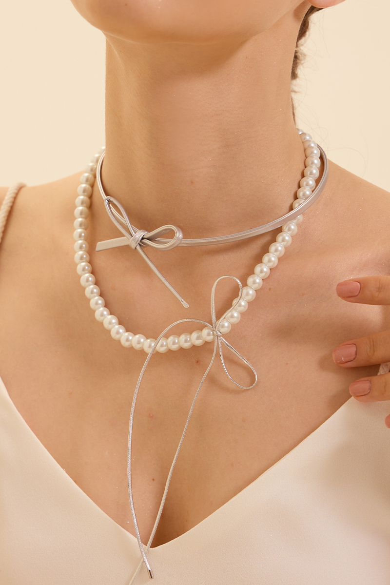 皮革珍珠蝴蝶結項鍊