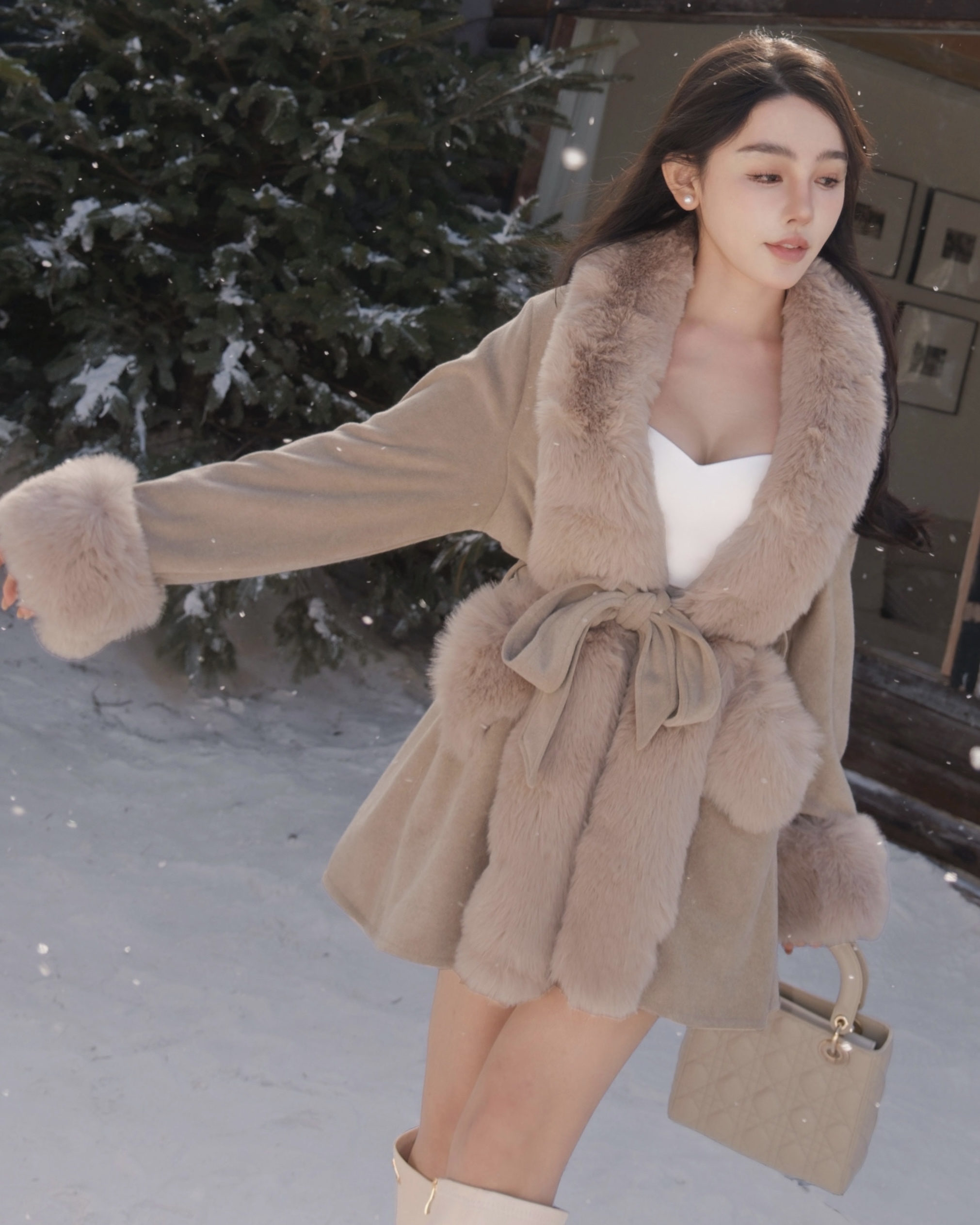 訂製-名媛毛毛領綁帶外套