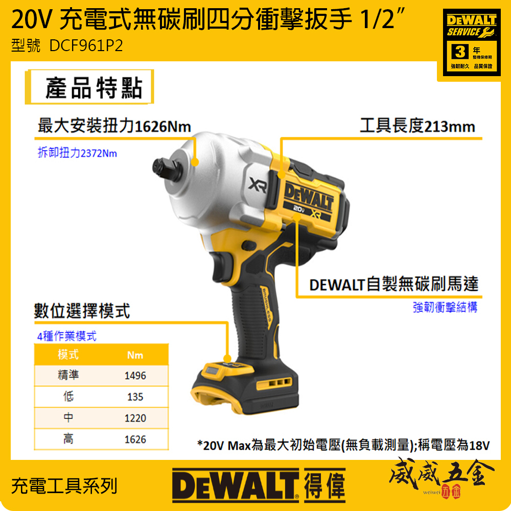 DEWALT 美國 得偉｜20V 無碳刷充電式電動扳手 1/2"衝擊電動板手｜DCF961｜DCF961P2 全配 +工具箱 DCF961P2T