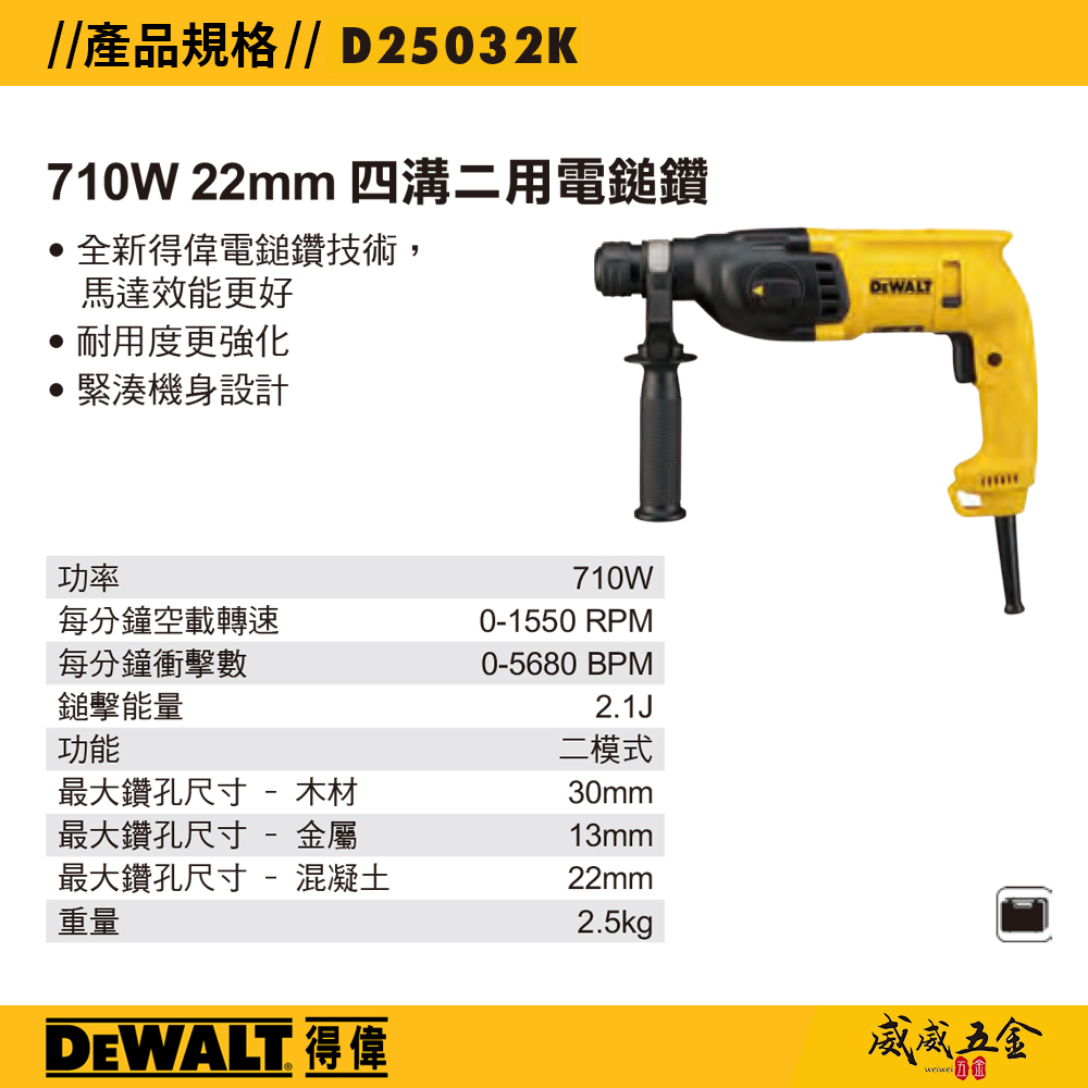 DEWALT 美國 得偉｜710W 超強馬達插電電鎚鑽 22mm插電式四溝二用電鎚鑽｜D25032K｜公司貨