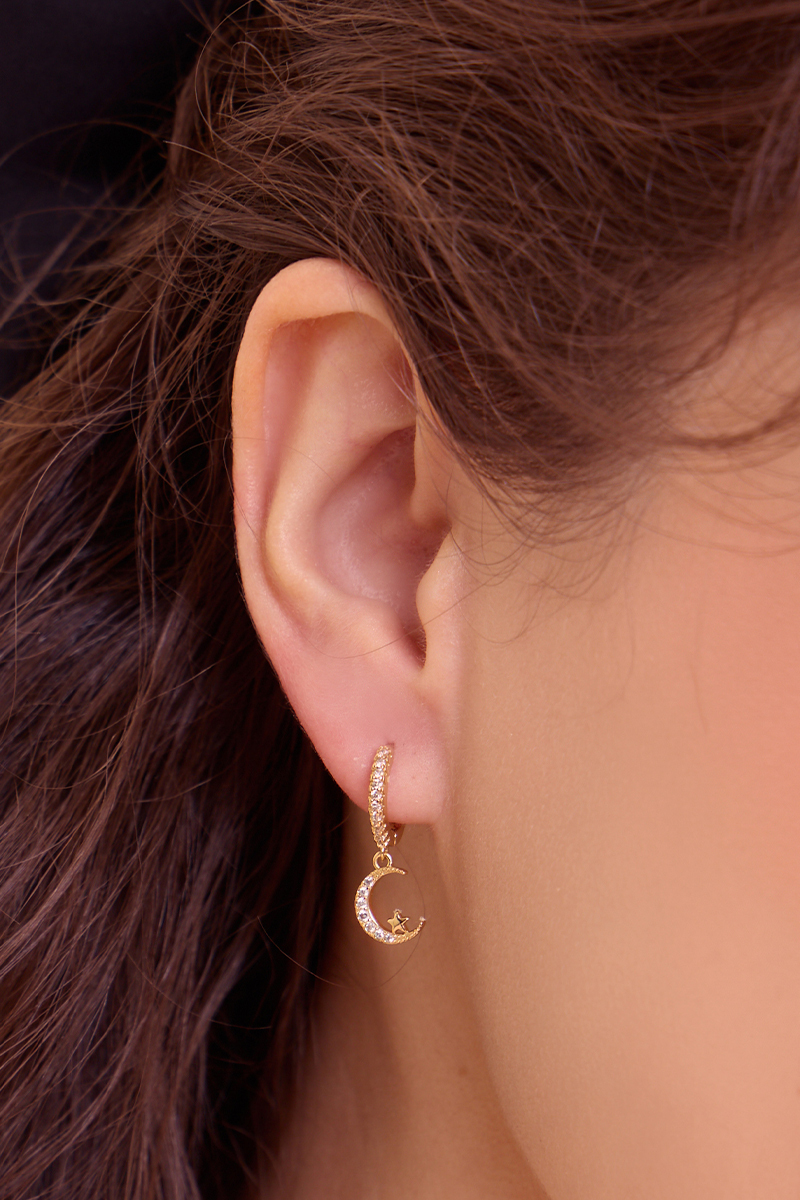 星星月亮鋯石。針式耳環