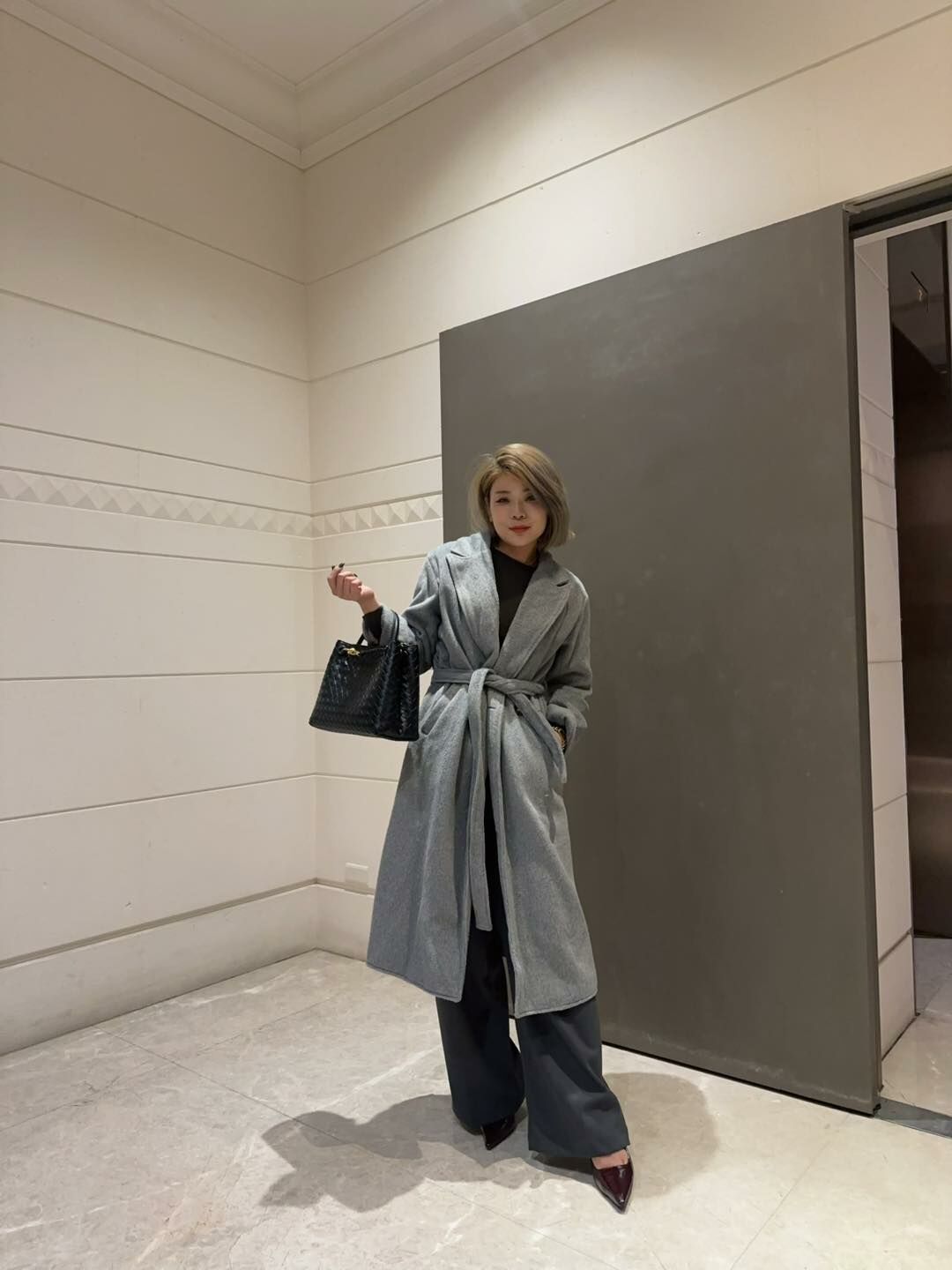 反褶袖 短絨毛大衣(粉/灰)