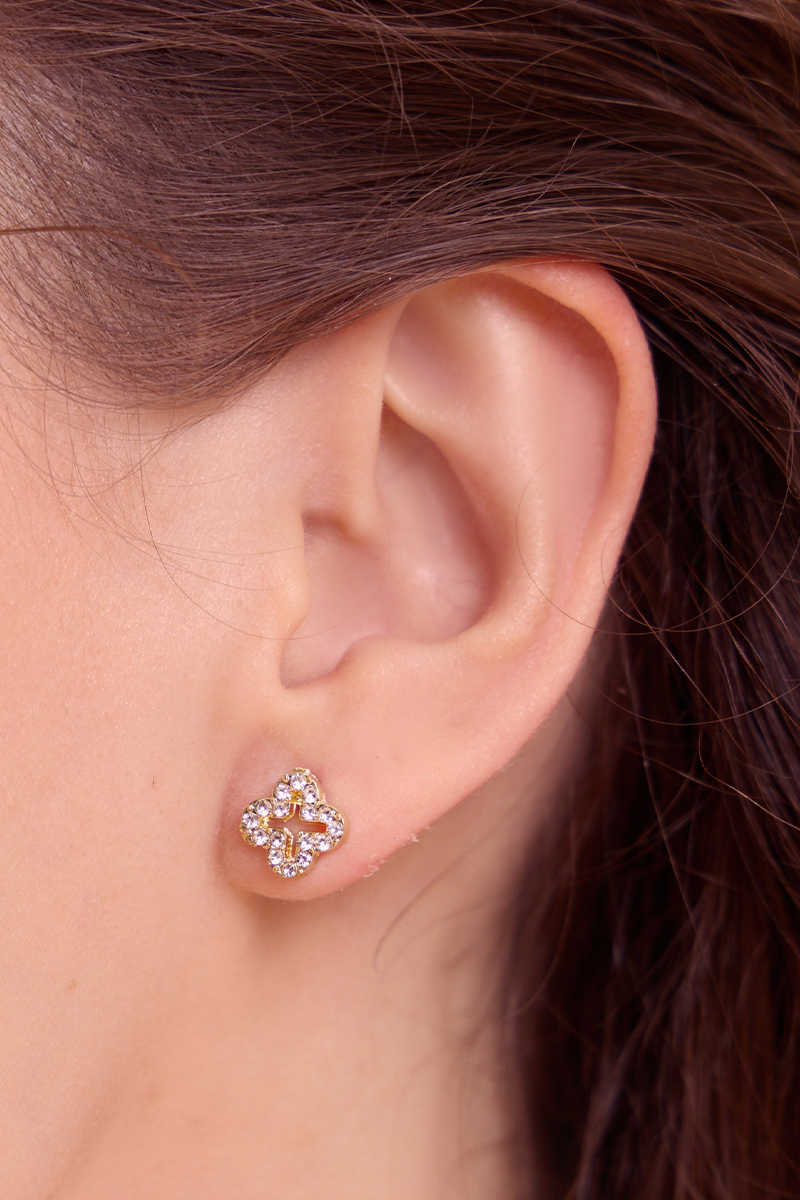 簍空滿鑽幸運草。針式耳環