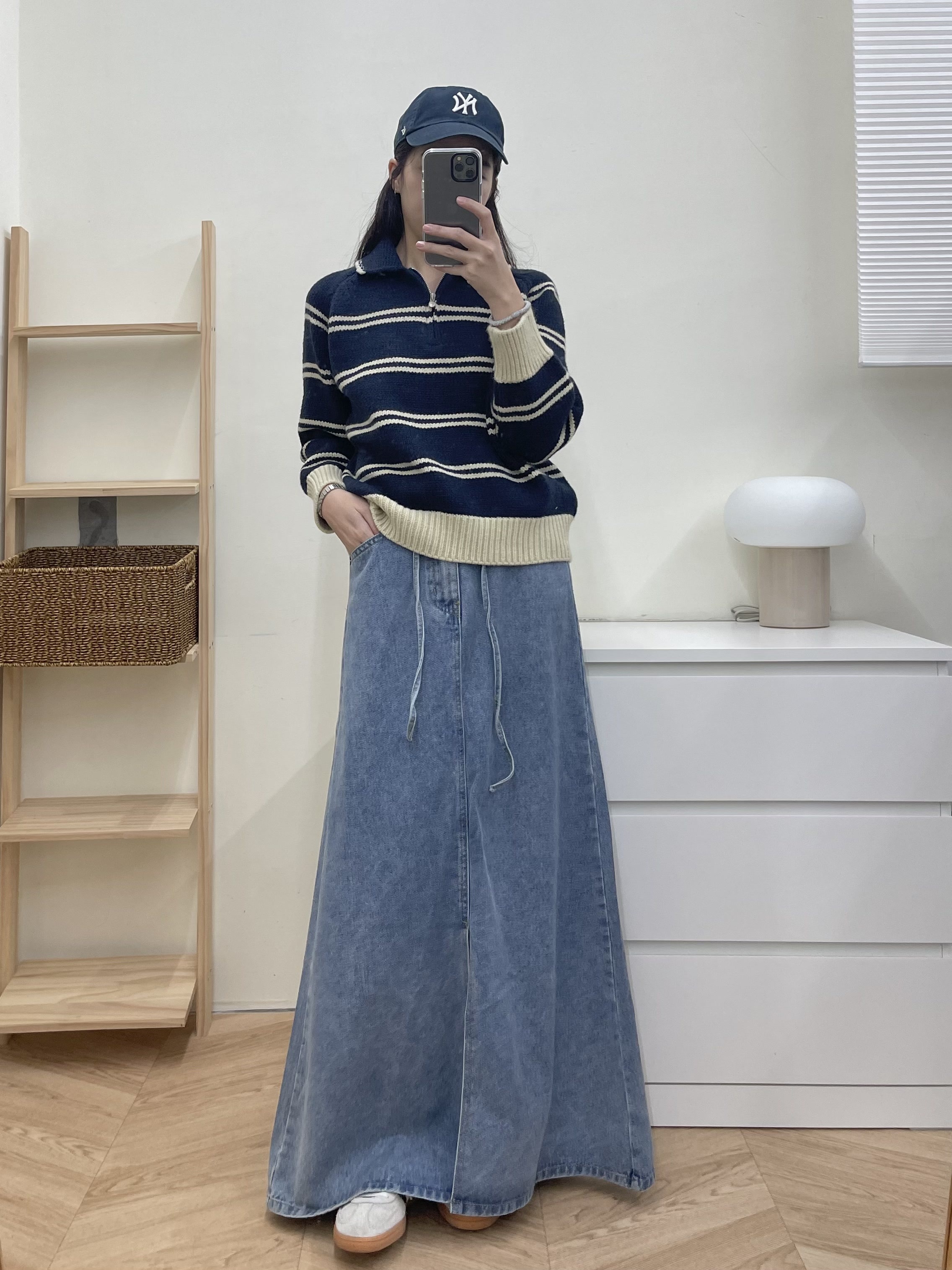 前開衩後鬆緊牛仔長裙(現貨M)