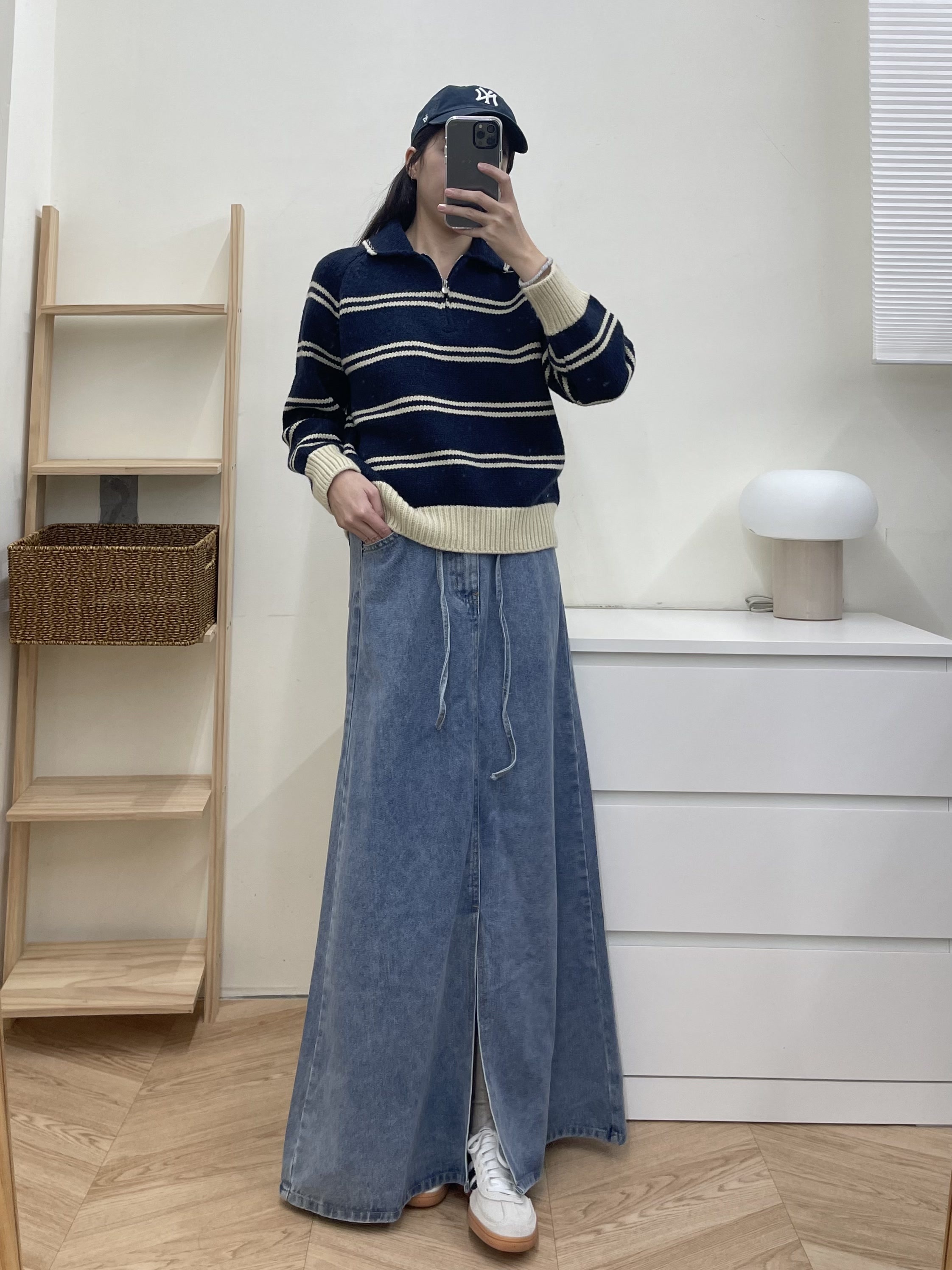 前開衩後鬆緊牛仔長裙(現貨M)