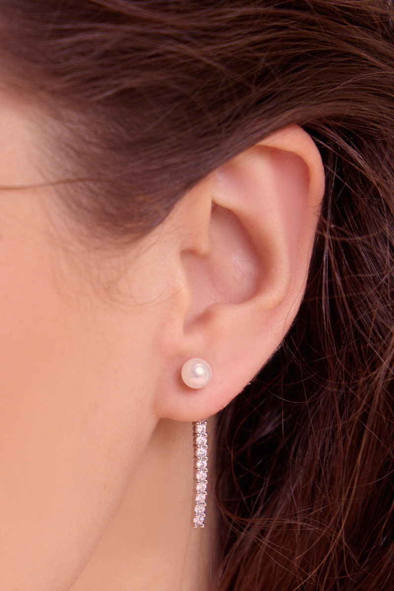 線形垂墜珍珠鋯石。針式耳環(銀)
