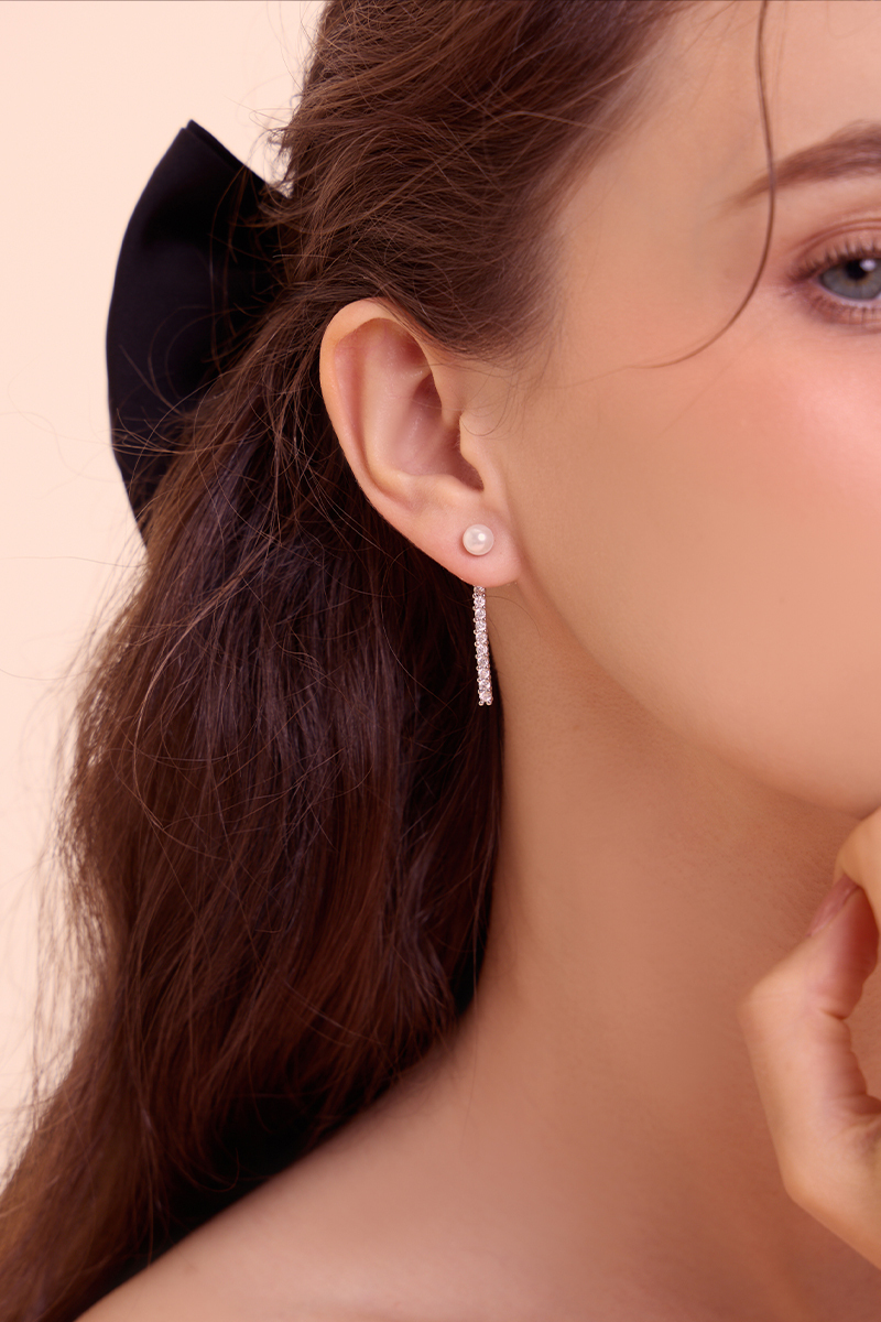 線形垂墜珍珠鋯石。針式耳環(銀)