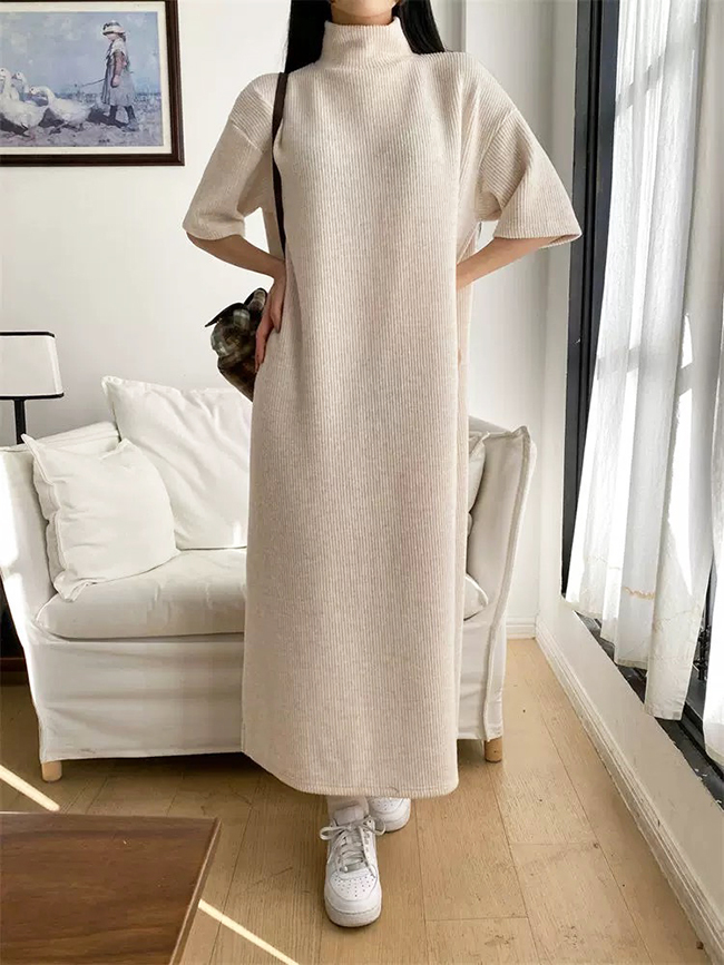 高領針織彈性連身長裙-三色預購