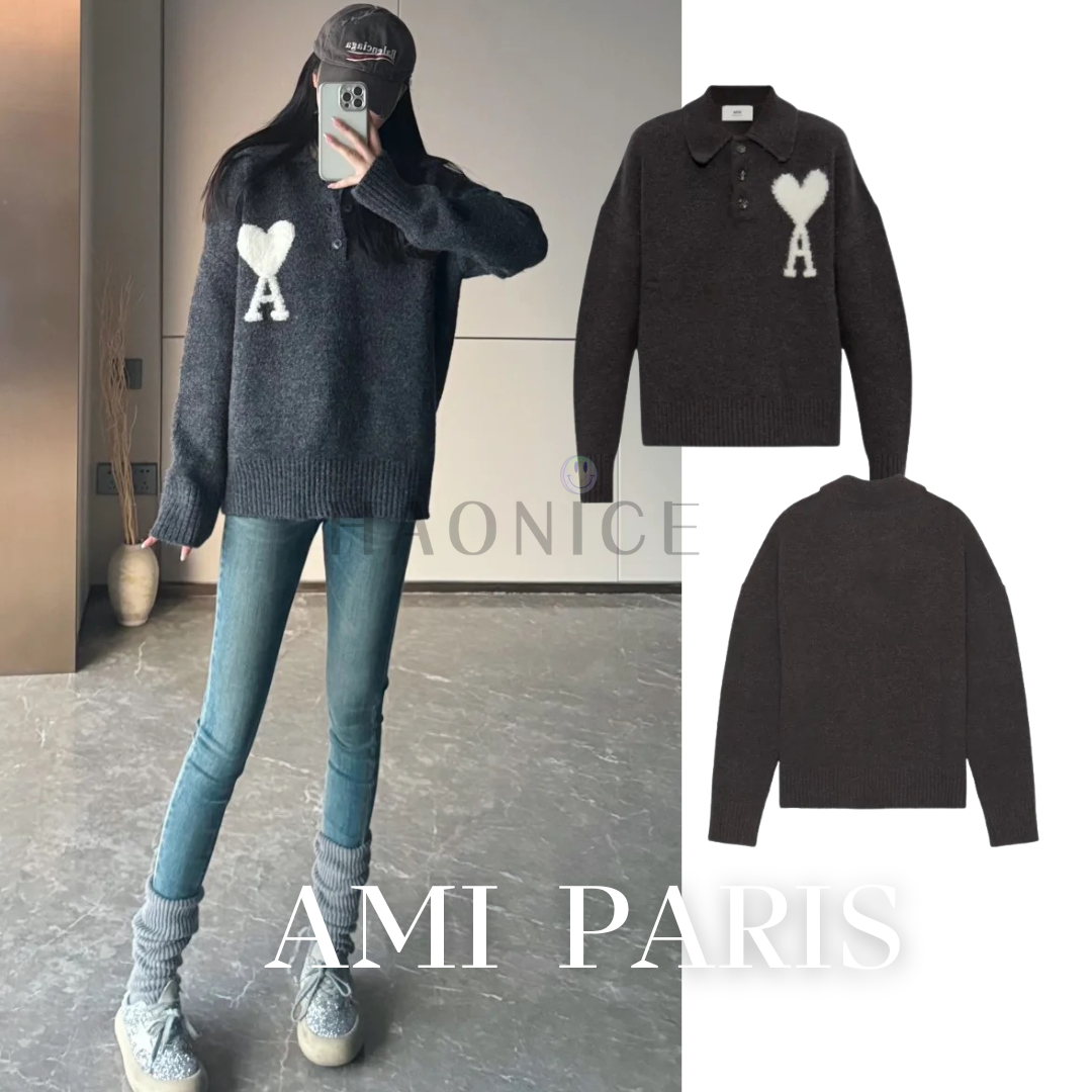 【HAO NICE】法國🇫🇷潮流 Ami paris 24FW 秋冬新款經典大愛心LOGO 駝羊毛POLO衫樣式長袖 針織毛衣 簡約百搭❤️