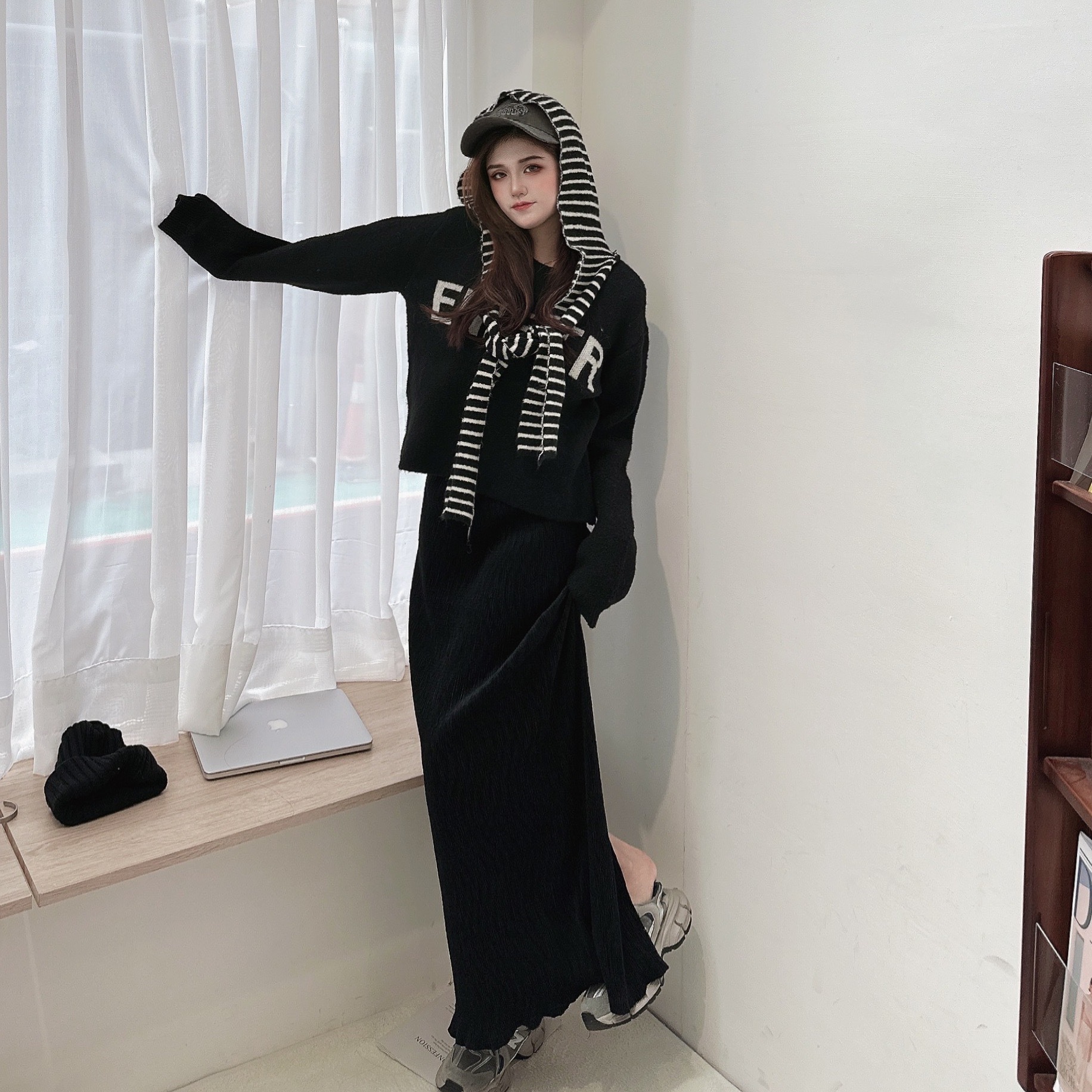 條文披肩造型連帽毛衣/三色