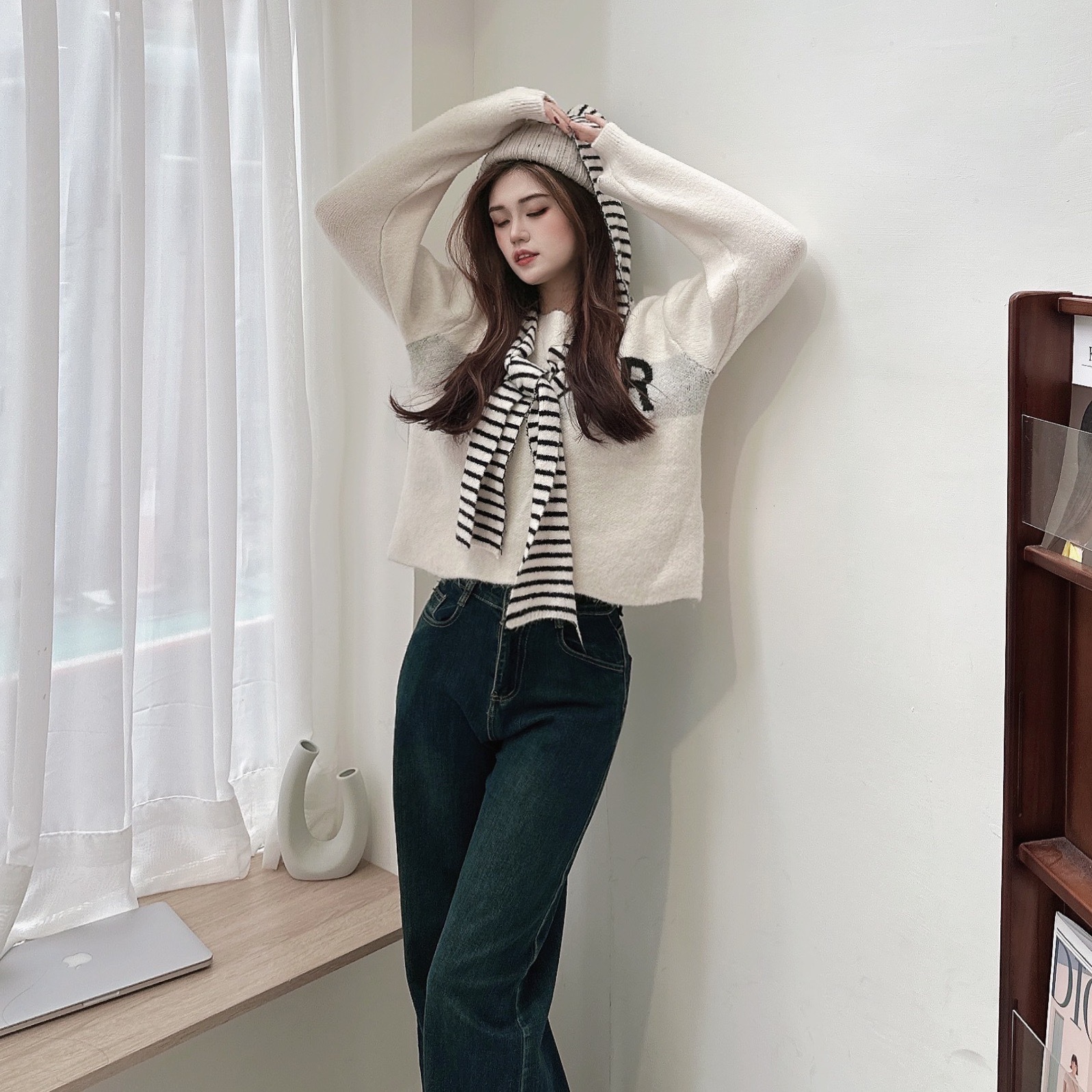 條文披肩造型連帽毛衣/三色