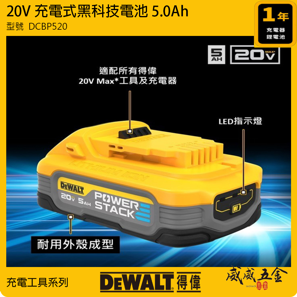 DEWALT 美國 得偉｜20V 黑科技電池 充電電池 POWERSTACK｜容量5.0Ah｜DCBP520｜公司貨