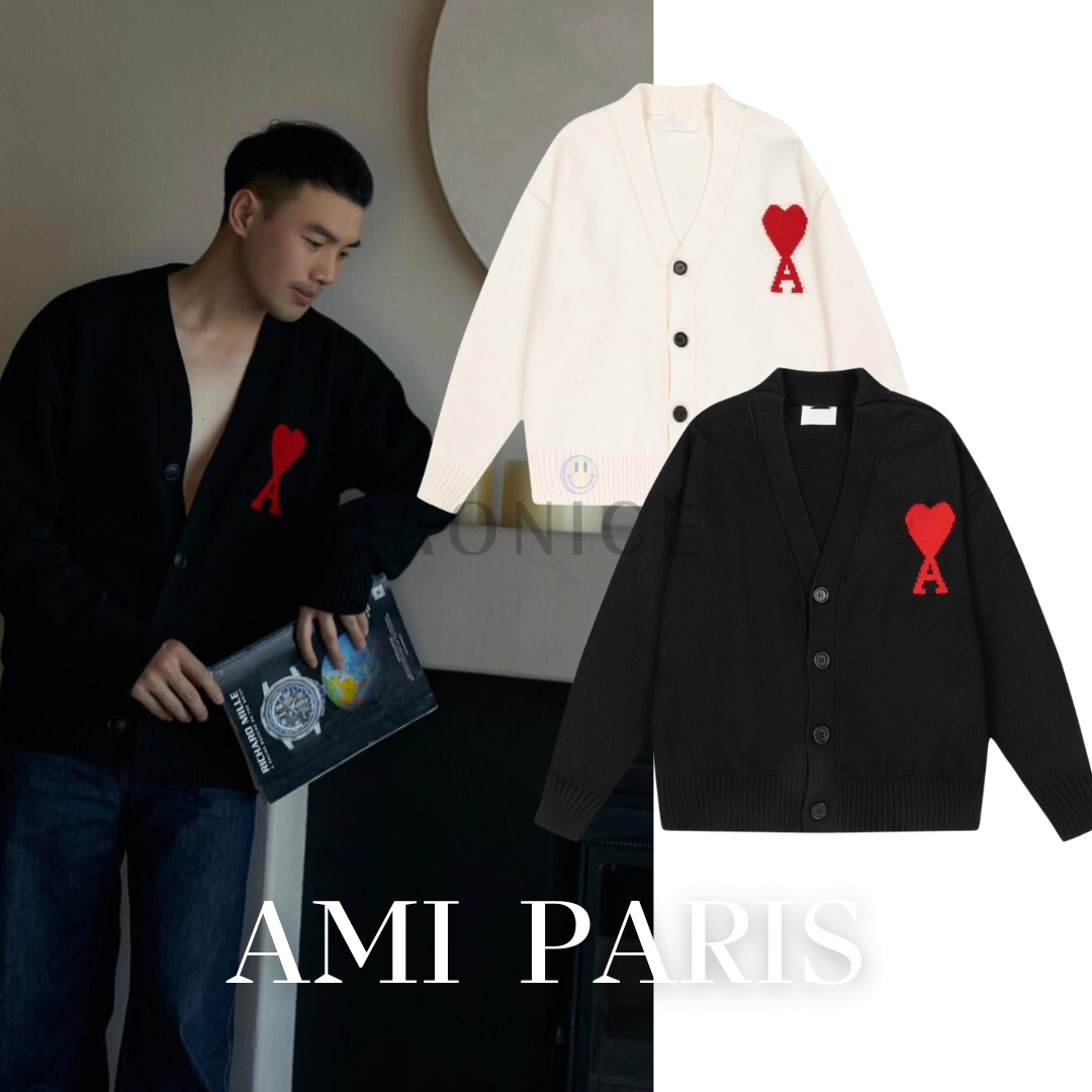 Ami Paris 22ss春夏新款 大紅色愛心開衫襯衫毛衣