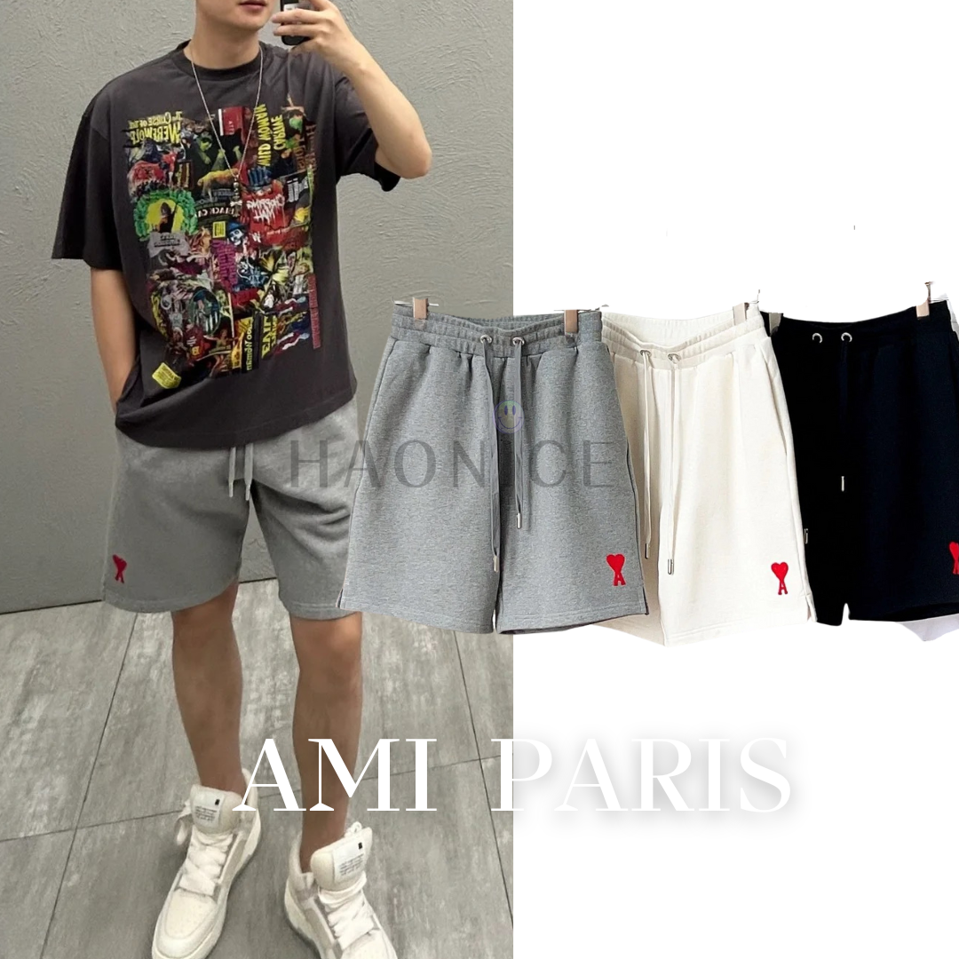 【HAO NICE】AMI Paris 紅色愛心A 刺繡 男女情侶 休閒短褲 五分褲