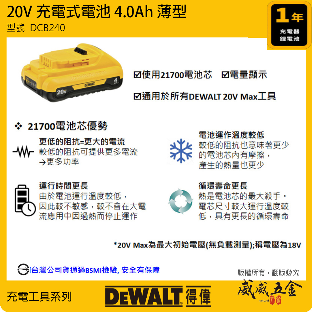 DEWALT 美國 得偉｜20V 薄型電量顯示 充電電池｜容量4.0Ah｜充電式鋰電池｜DCB240｜公司貨