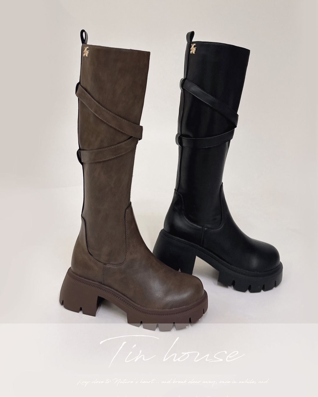 訂製-皮革雙帶膝下厚底靴