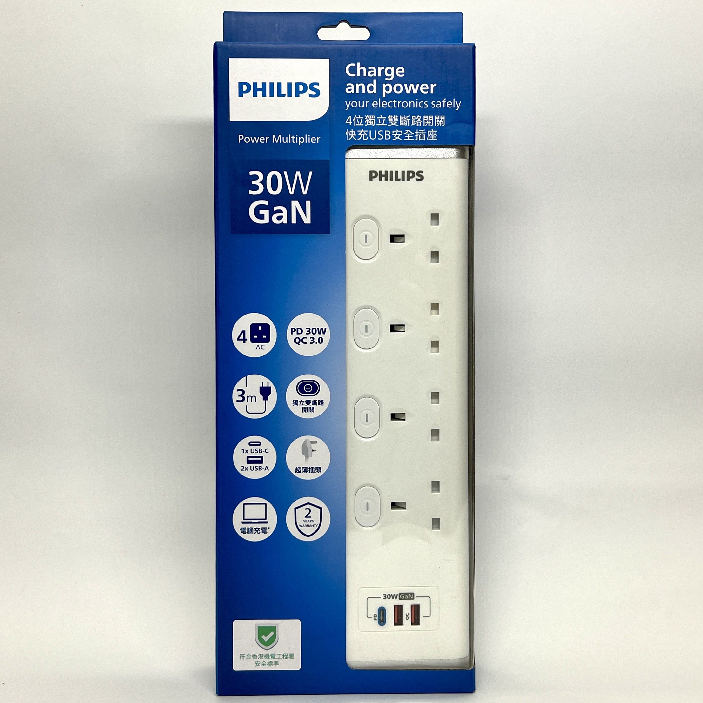 飛利浦4位獨立雙斷路開關快充USB安全插座,3米拖板 #CHP8443WB《香港行貨》《2年保養》