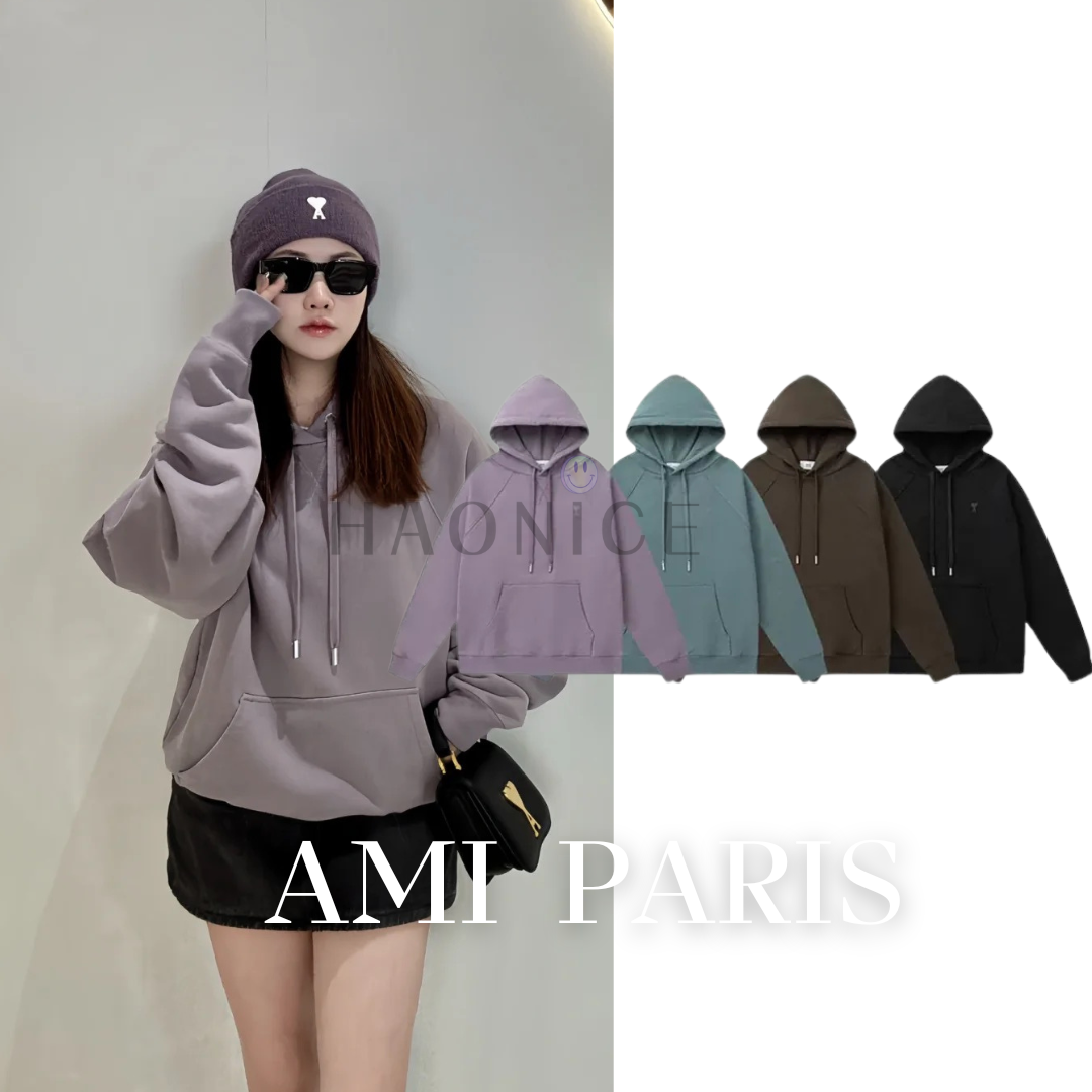 【HAO NICE】法國🇫🇷潮流  Ami paris 24新款經典立體浮雕小LOGO 純素色長袖 帽T 素色簡約百搭