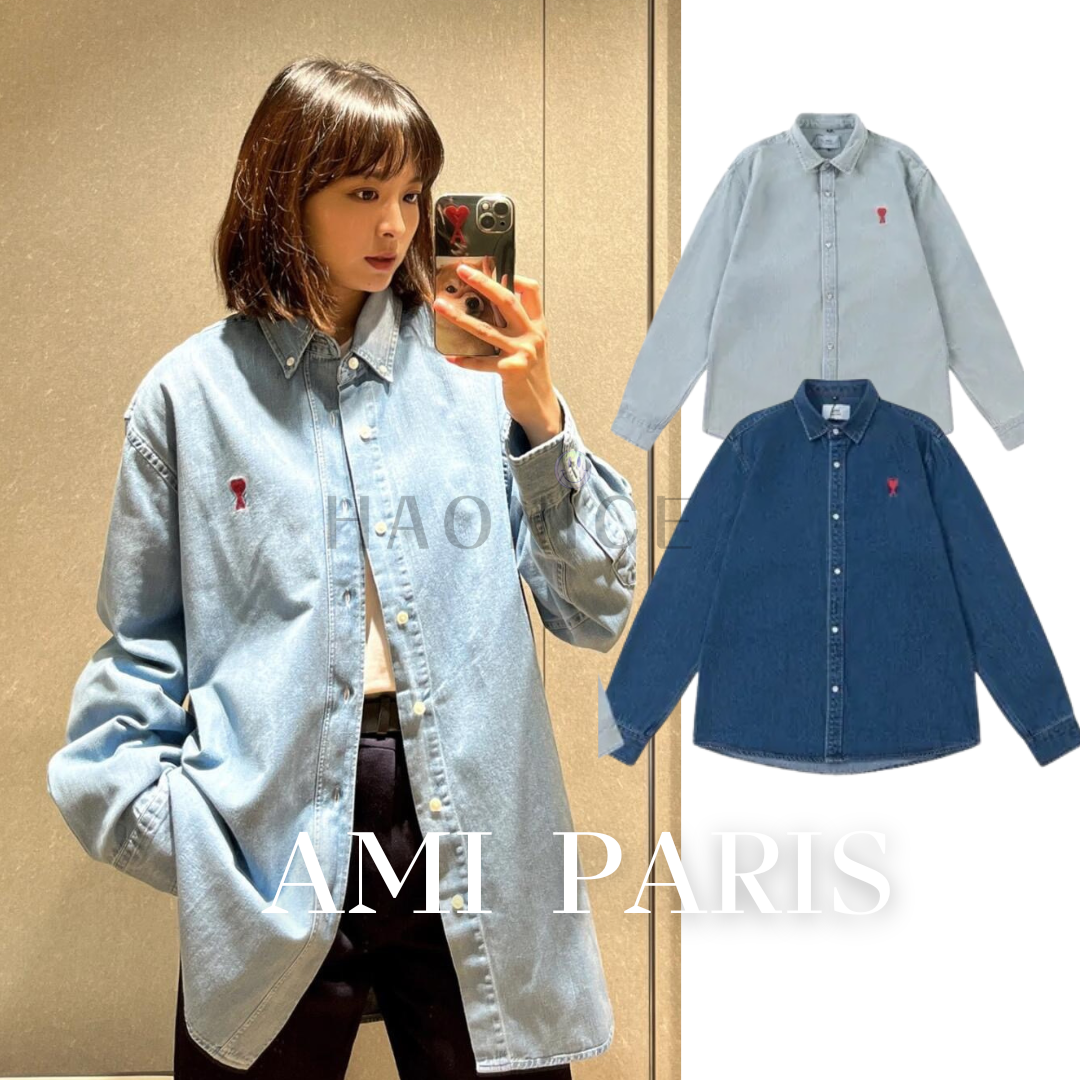[hao nice] AMI PARIS 長袖牛仔外套 經典小紅愛心刺繡情侶長袖牛仔襯衫外套❤️