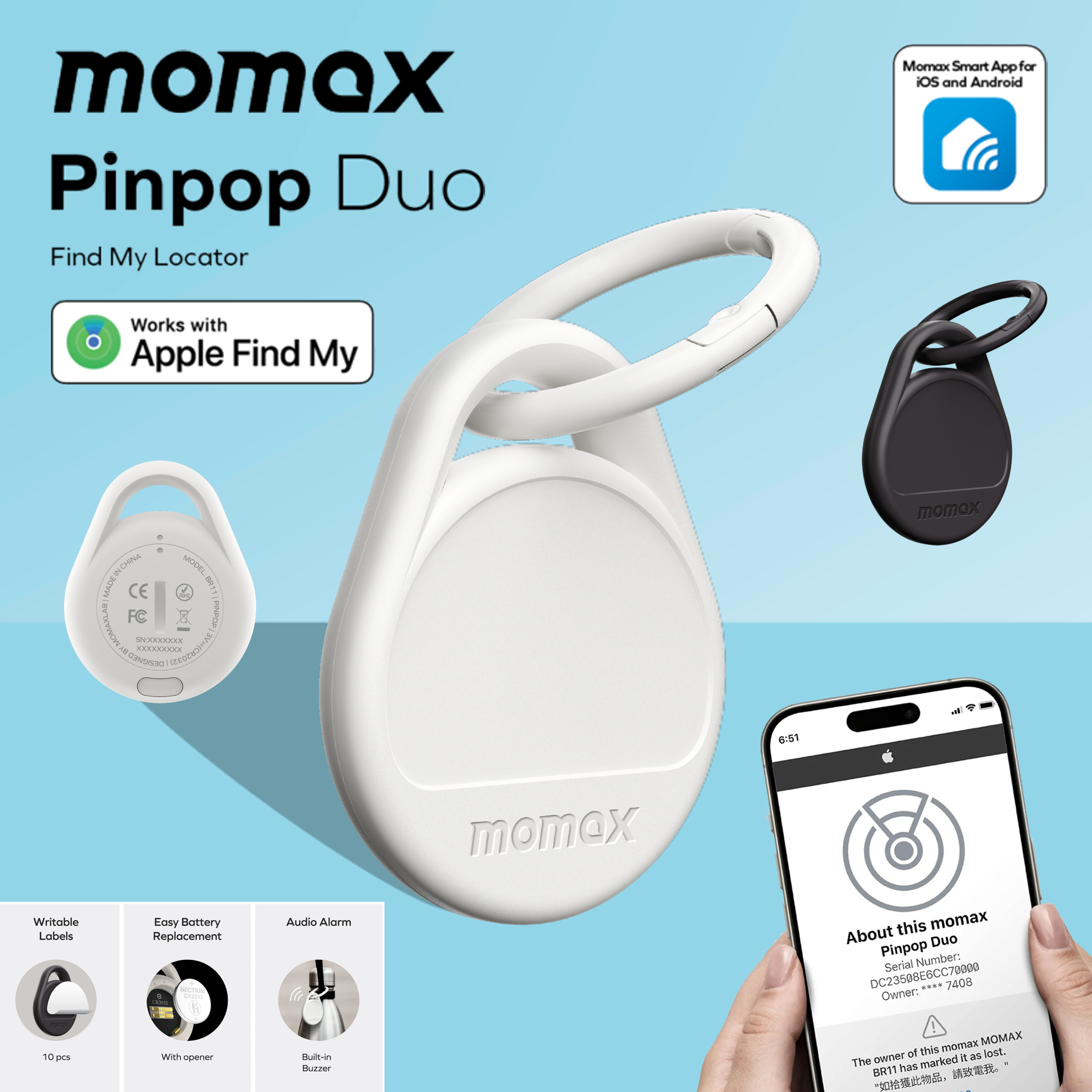 Momax Pinpop Duo 全球定位器 旅行追蹤器 #iOS及Android設備可用 (白色) BR11W《香港行貨》《2年保養》